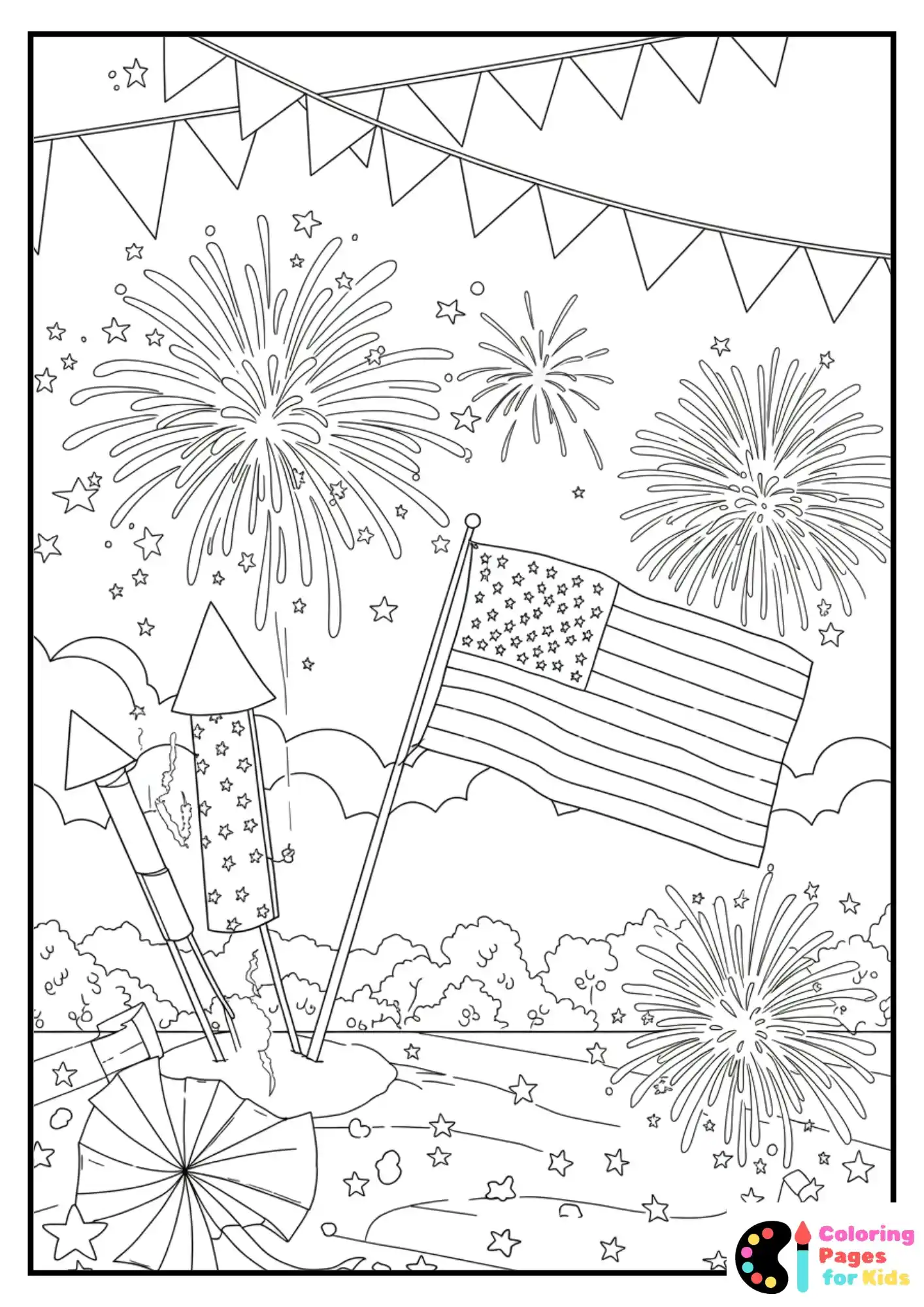 fireworks with american flags coloring sheet
