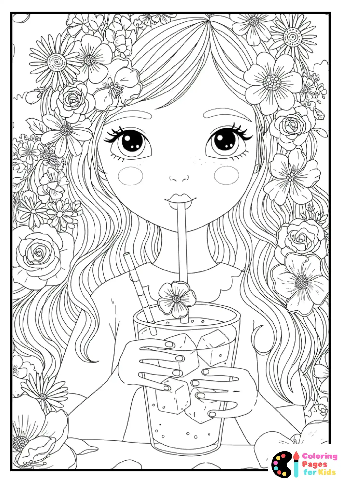 floral girl with iced coffee coloring page