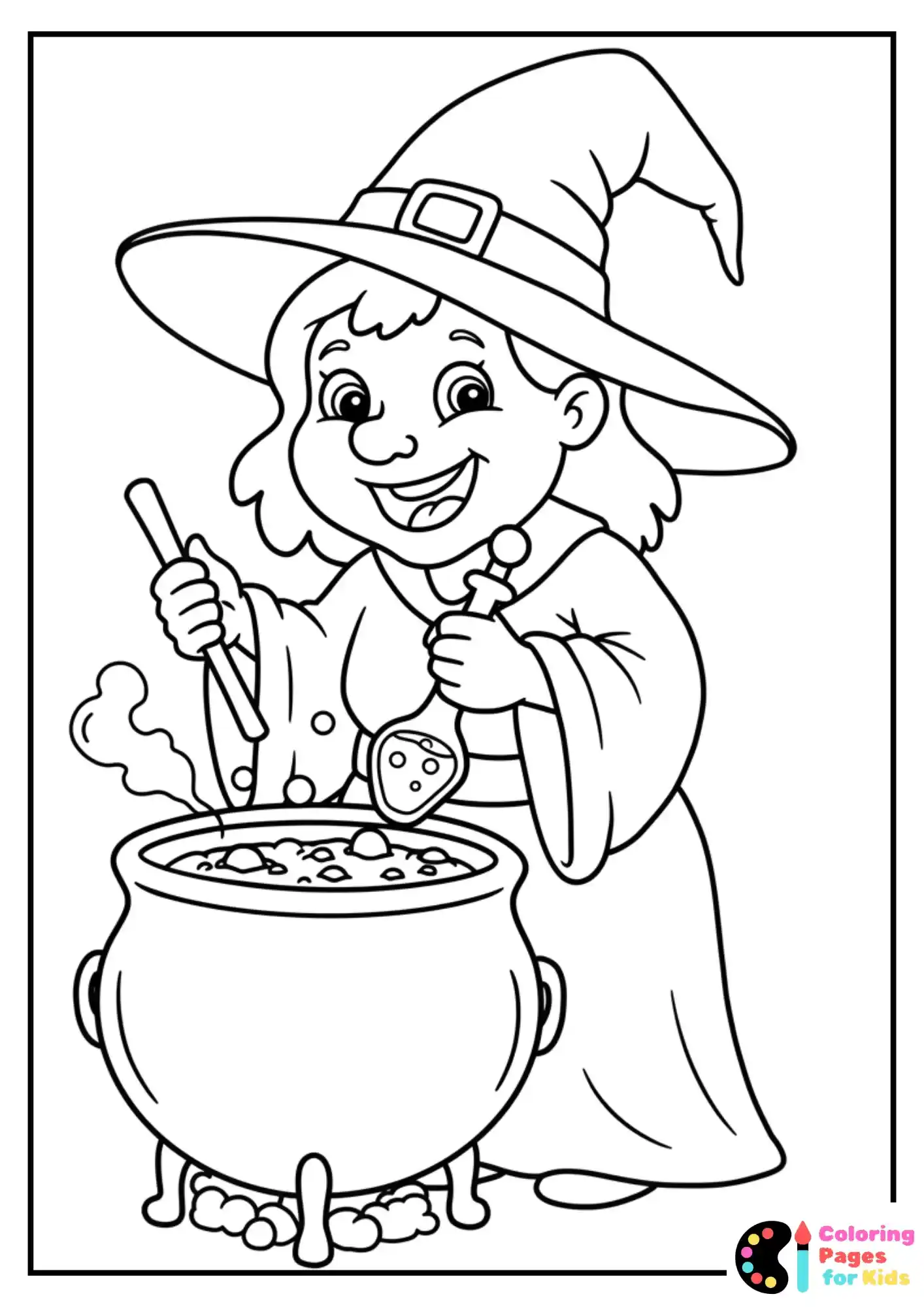 grinning witch making potion coloring sheet