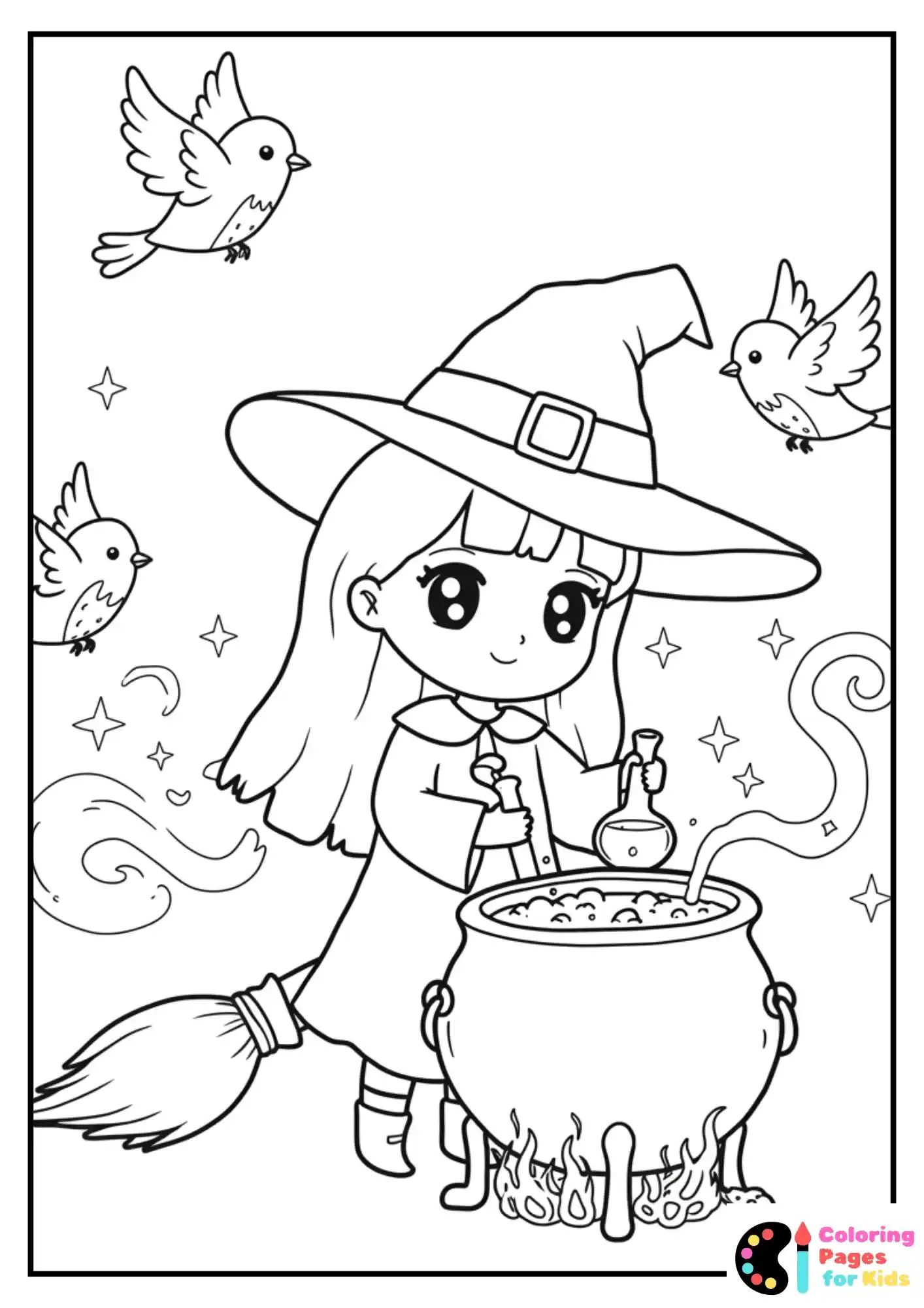 kawaii witch making potion coloring page for kids