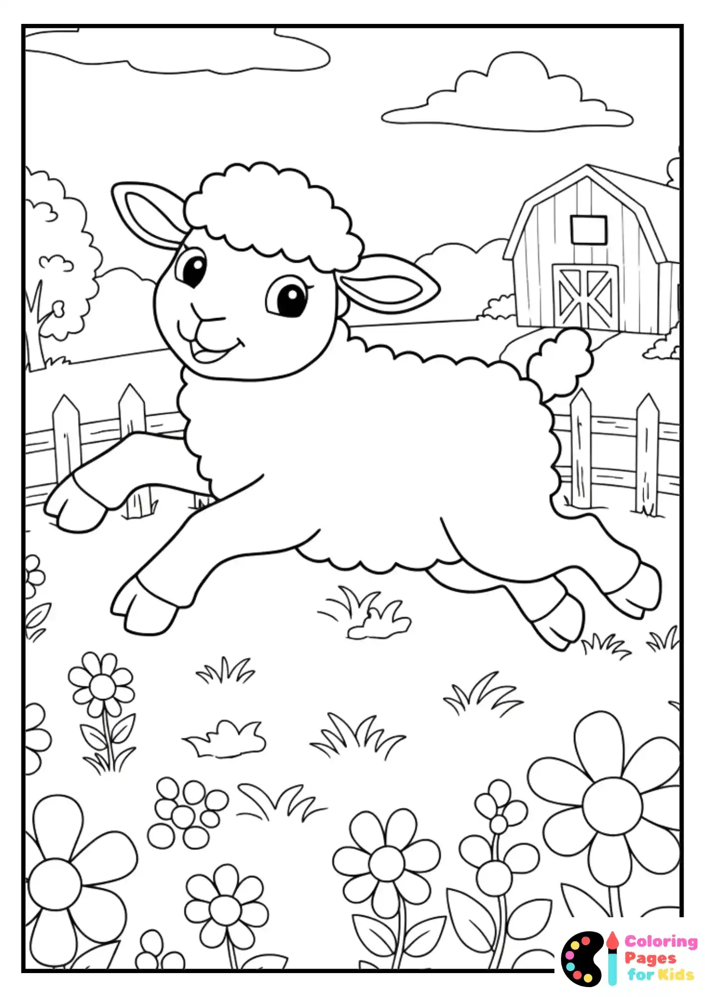 lamb jumping in flowers farm coloring page for kids
