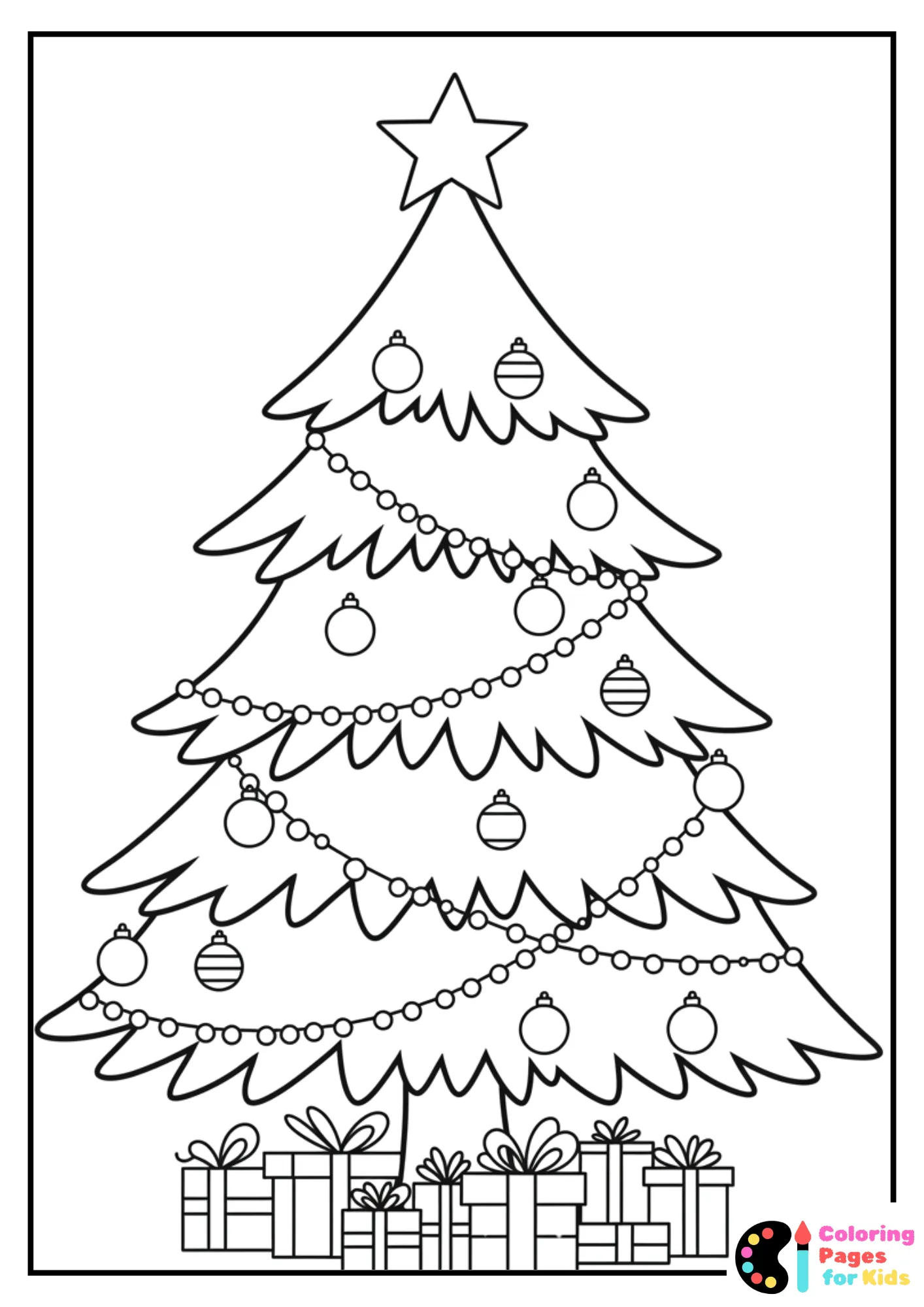 large christmas tree with decorations coloring page