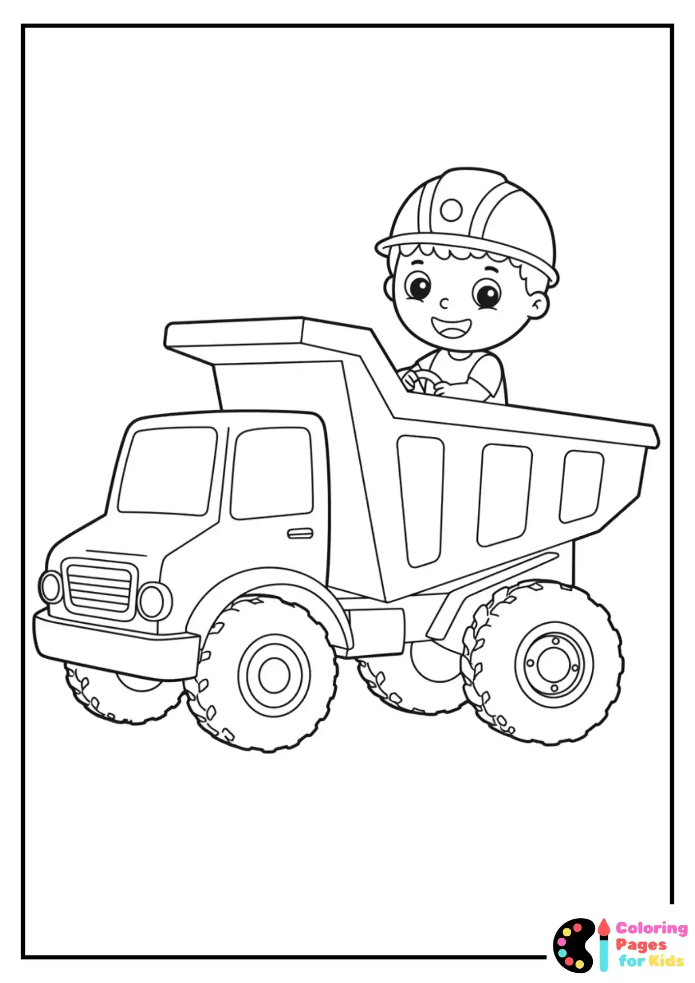 little boy driving dump truck coloring page