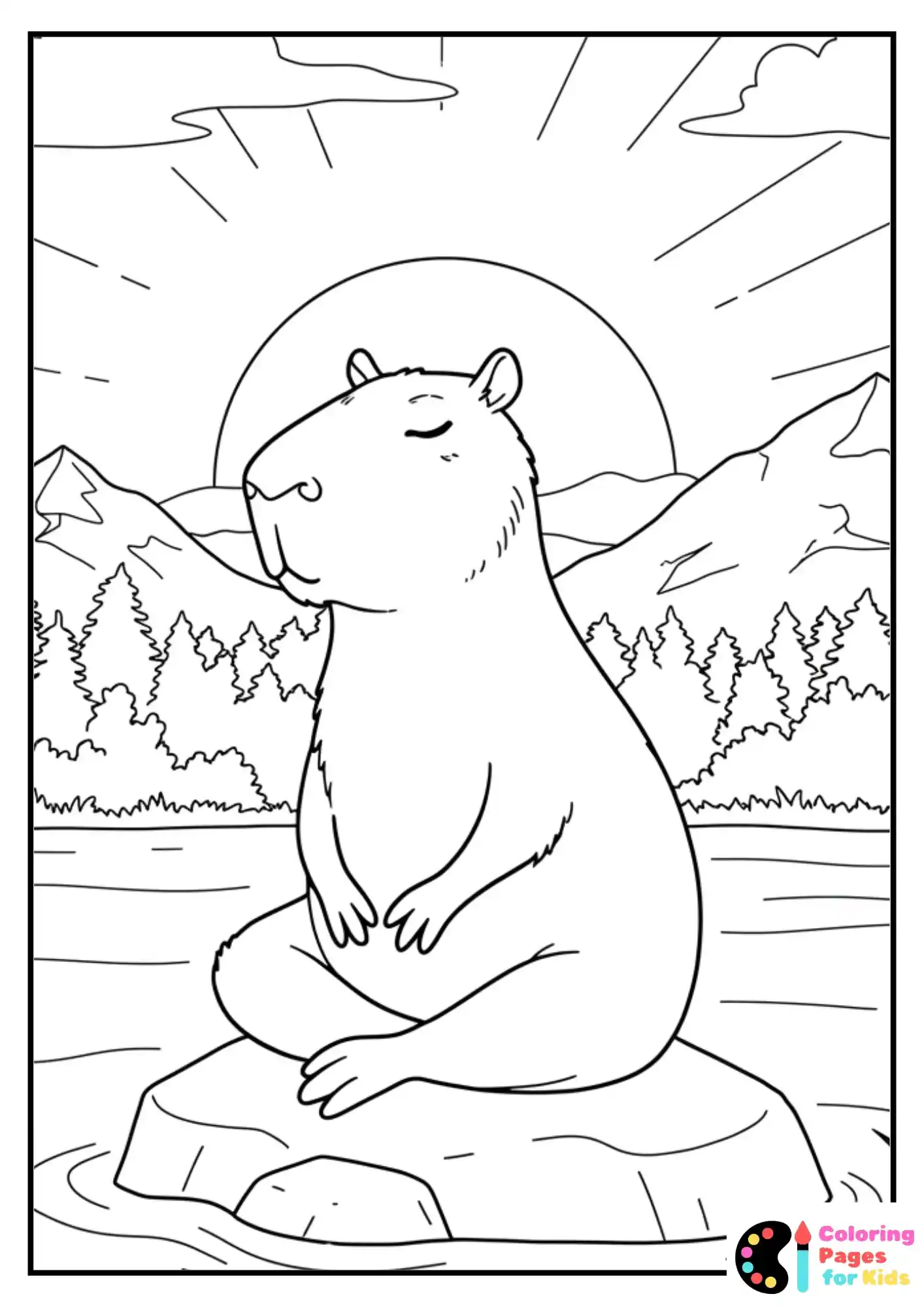 meditating capybara lake coloring page
