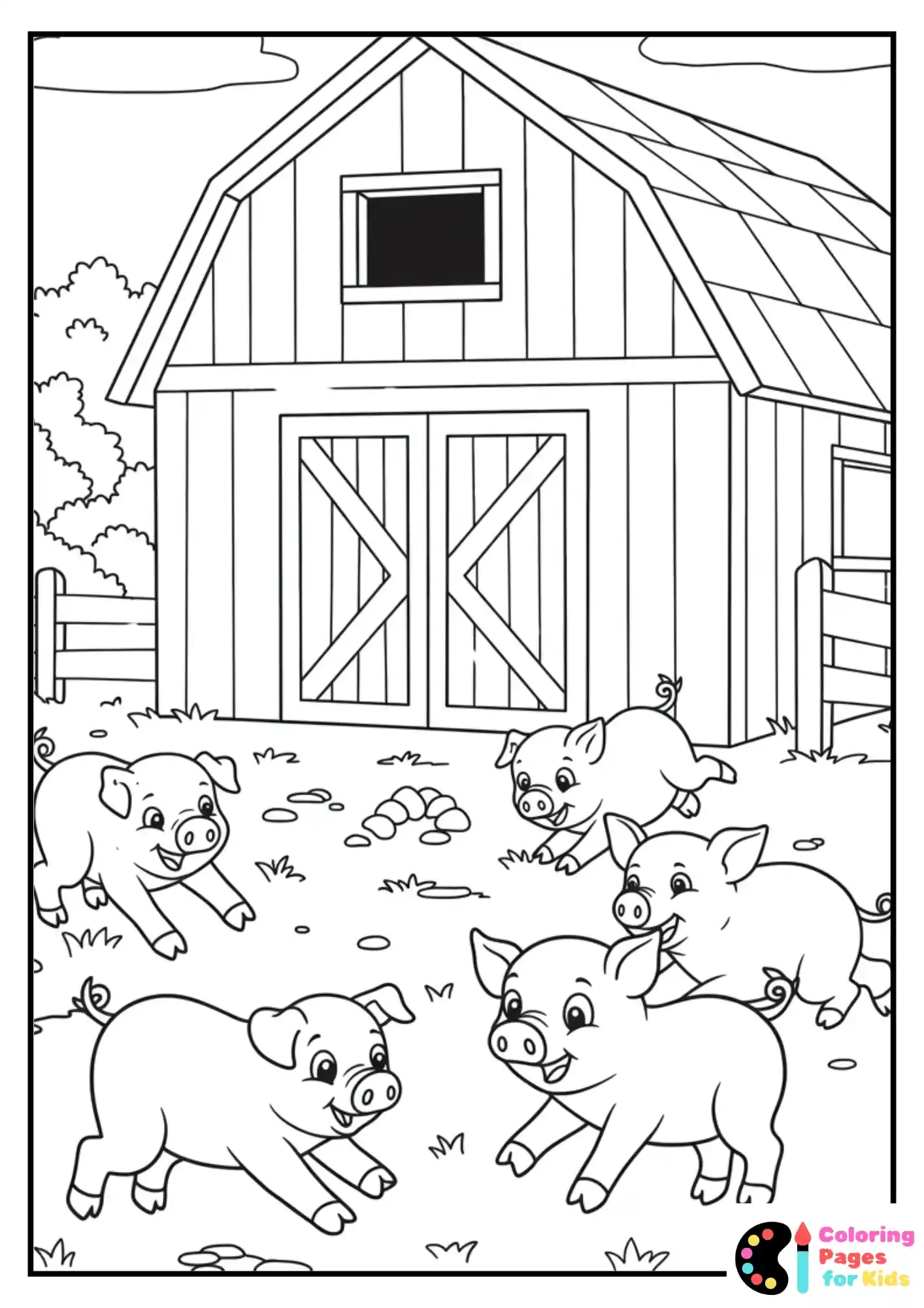 piglets in front of barn coloring page