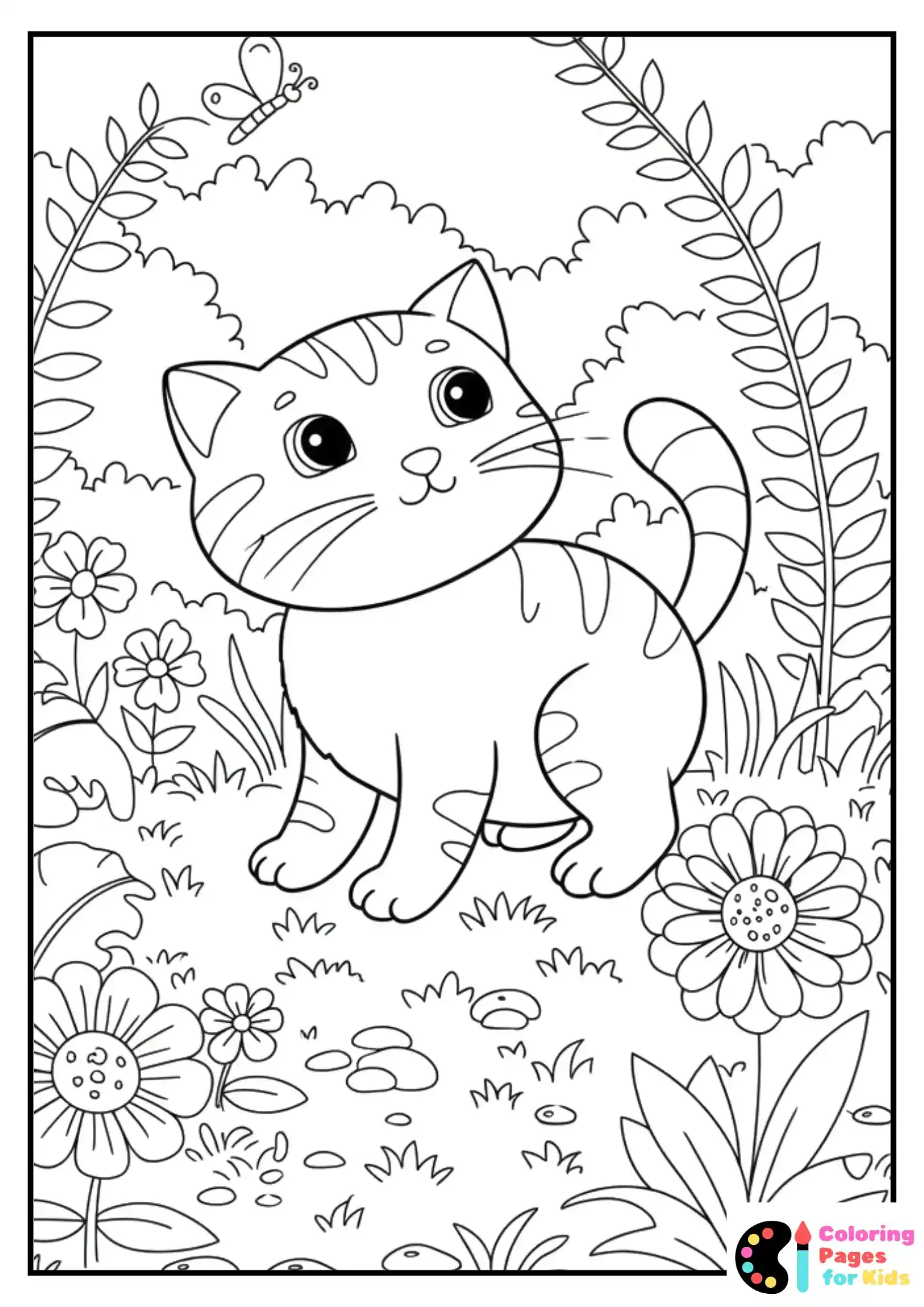 playful kitten in garden coloring sheet