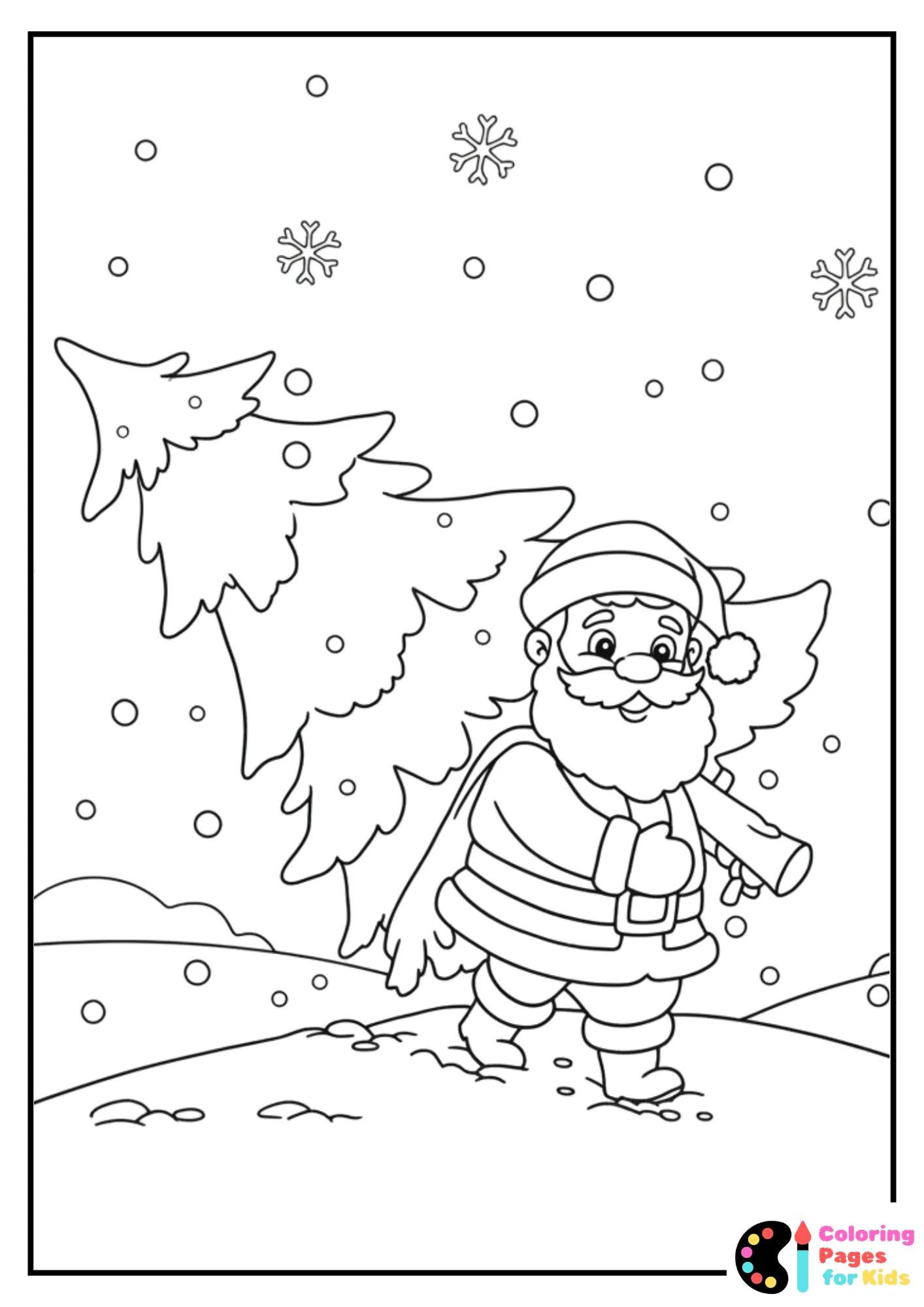 santa hauling christmas tree in snow coloring page (1)