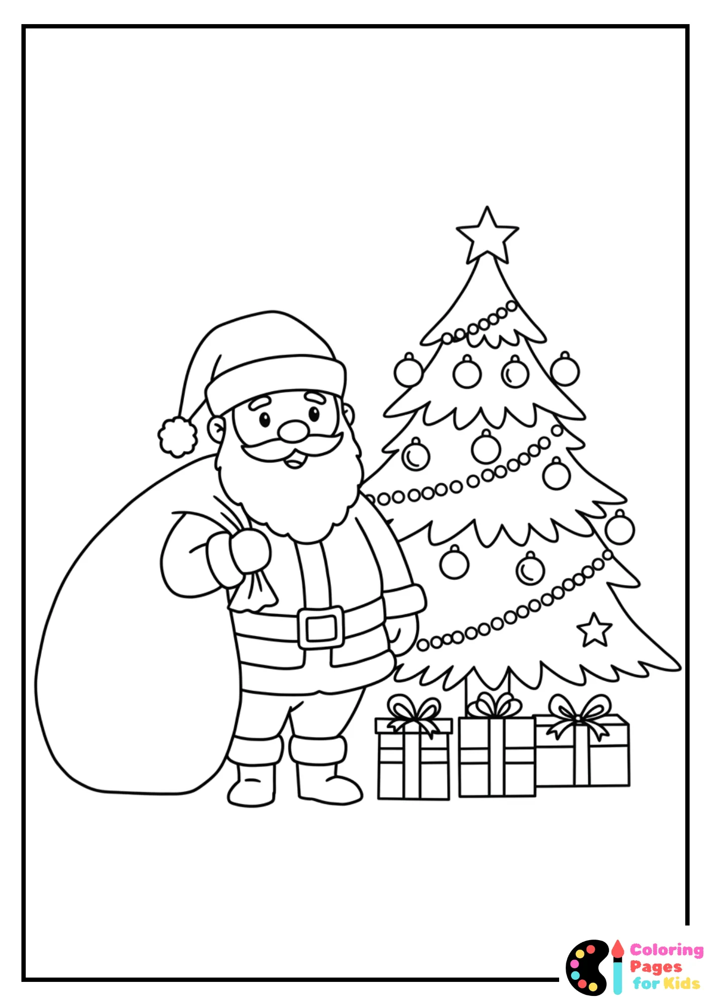 santa with presents by christmas tree coloring page