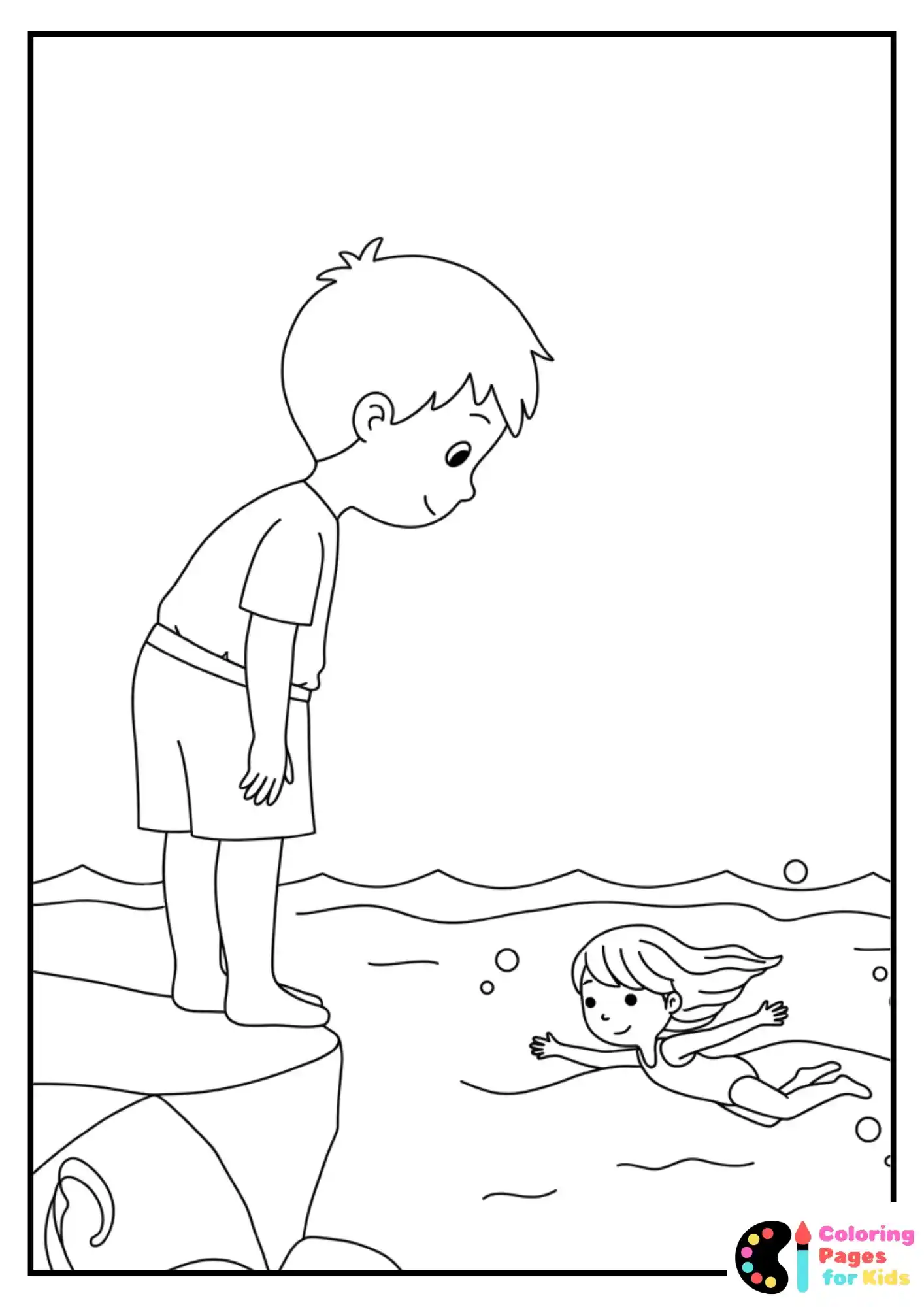 seaside boy and swimming girl coloring sheet