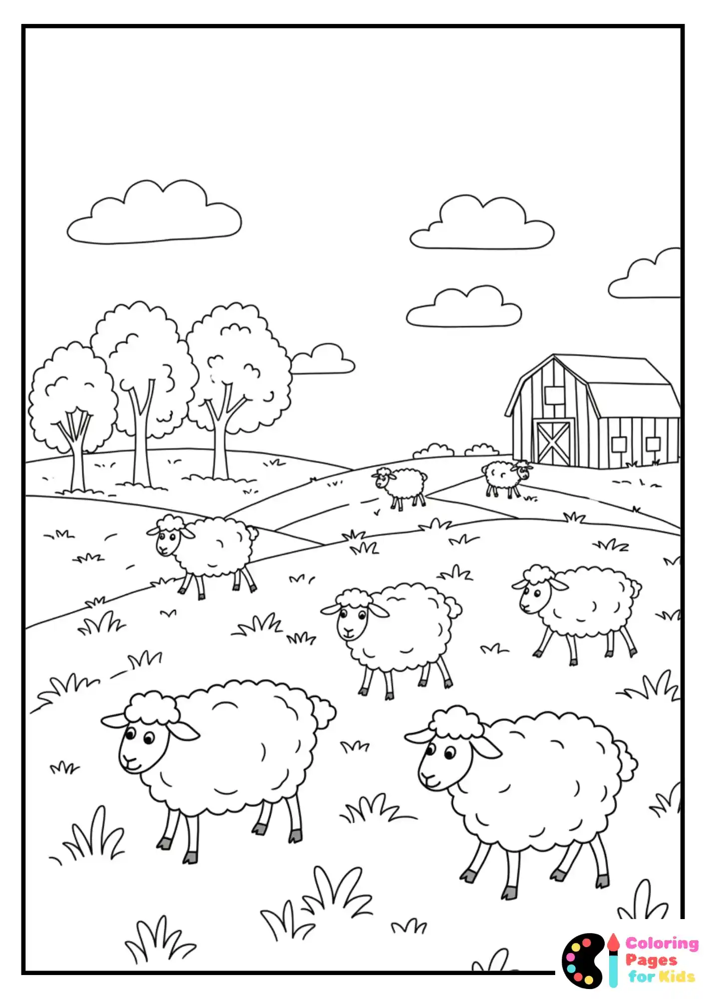 sheep walking in farm field coloring page