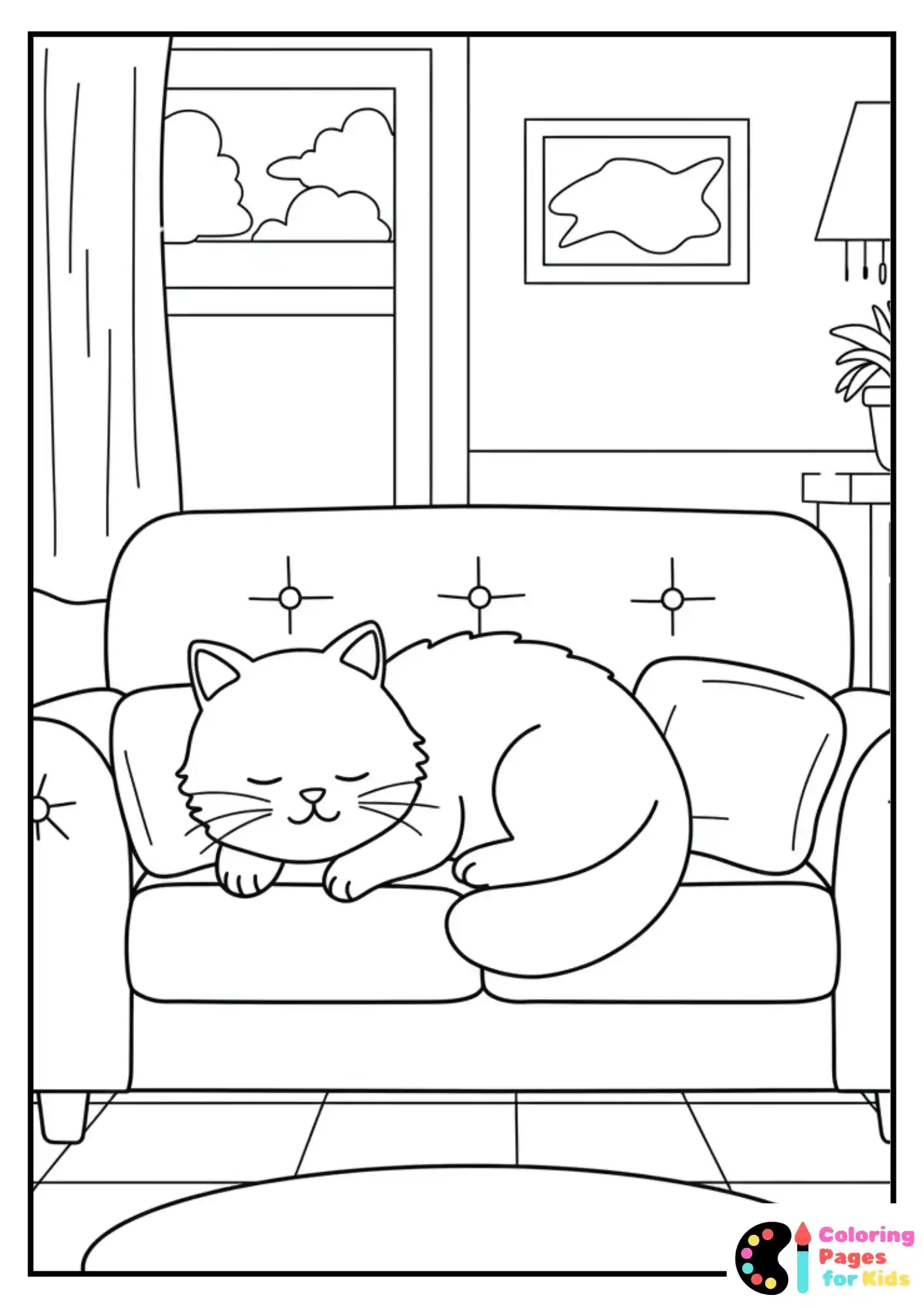 sleeping cat on couch coloring page
