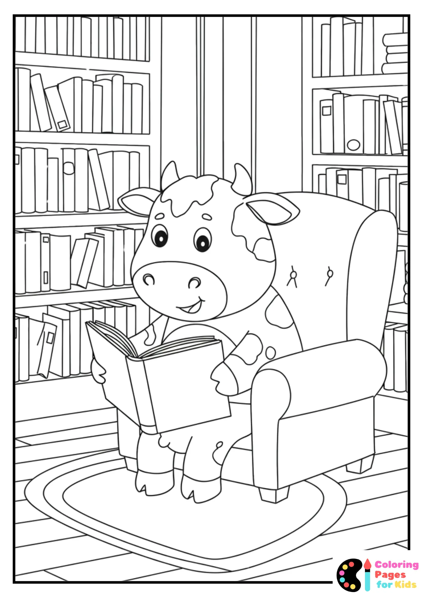smart cow reading a book coloring page