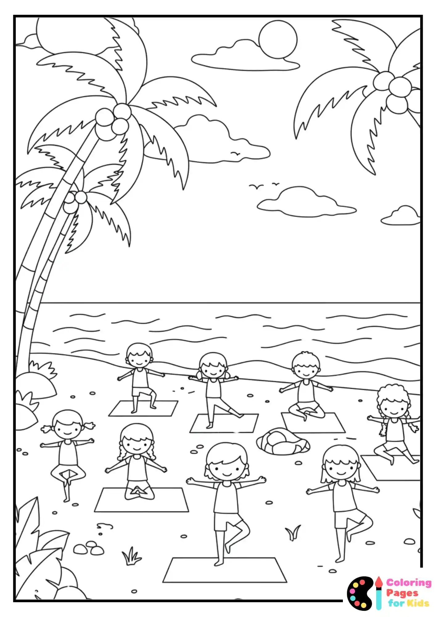 summer beach yoga group coloring sheet