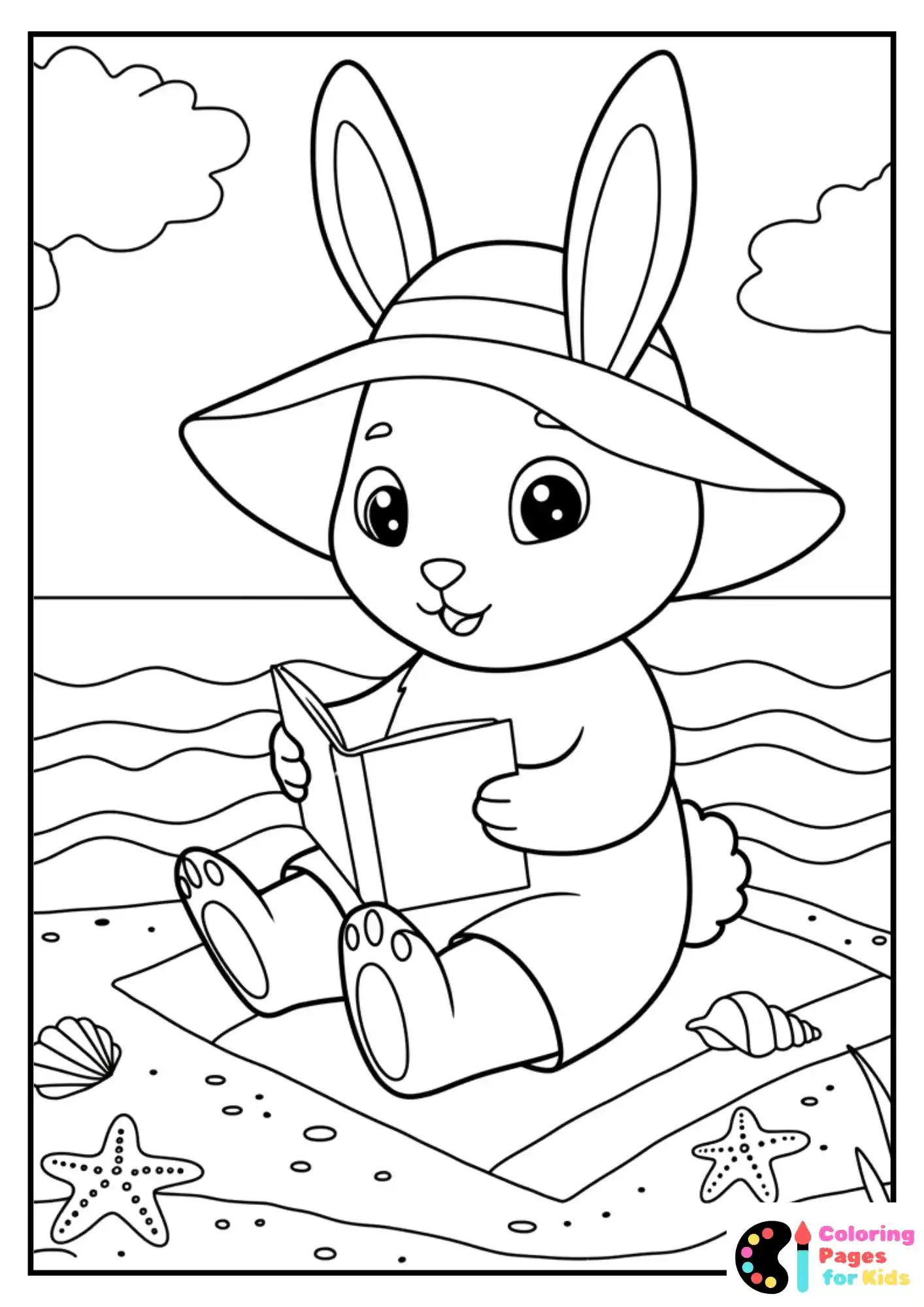 summer bunny in hat reading by sea coloring sheet