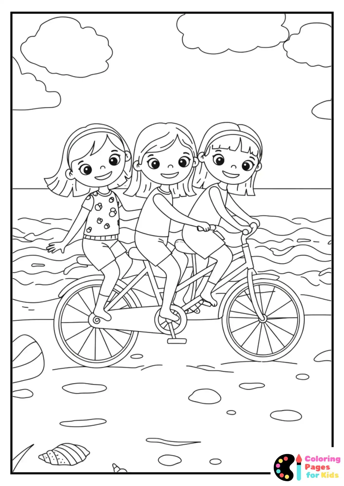 three girls riding bicycles by beach summer coloring page