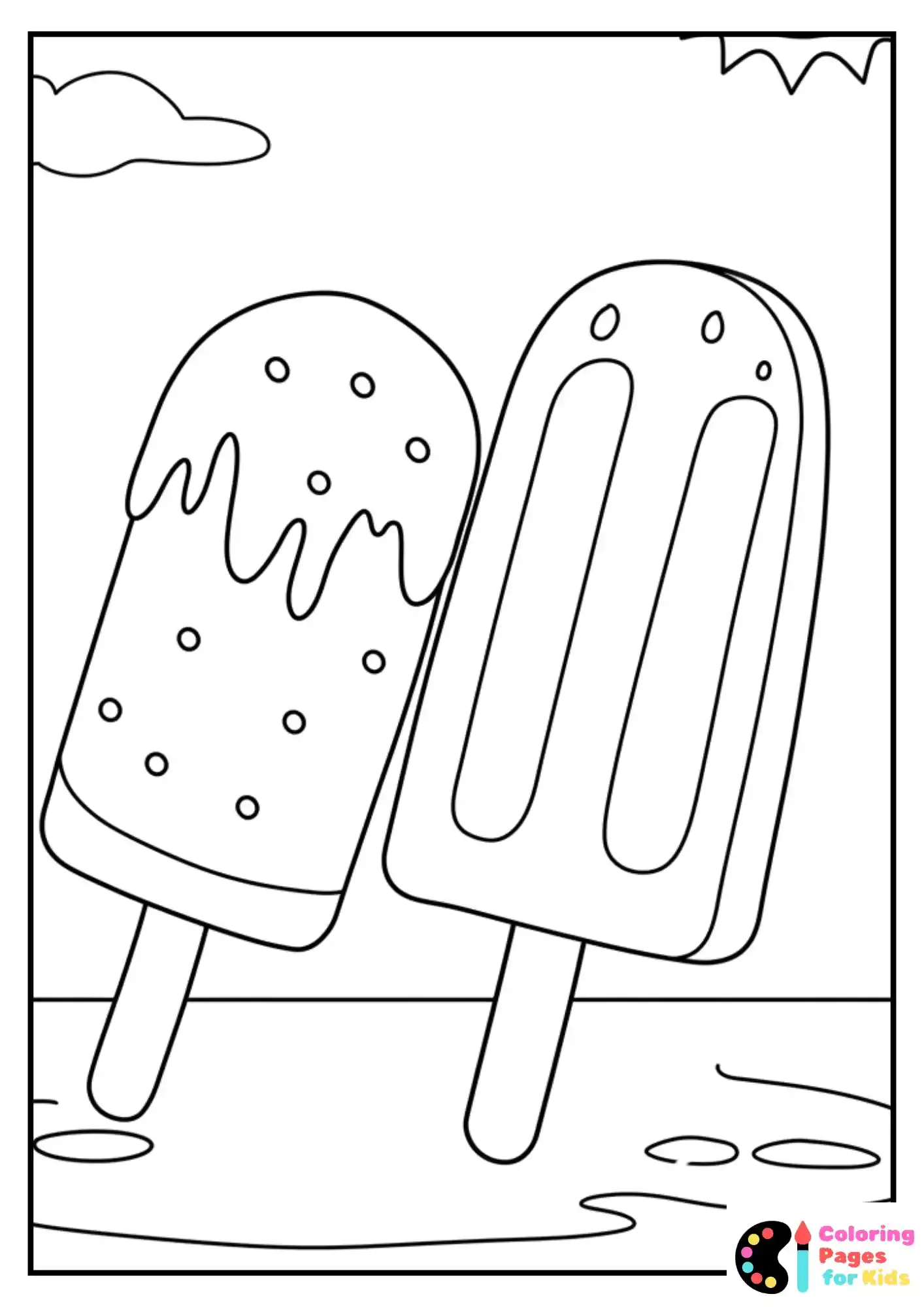two popsicles melting summer coloring page for kids
