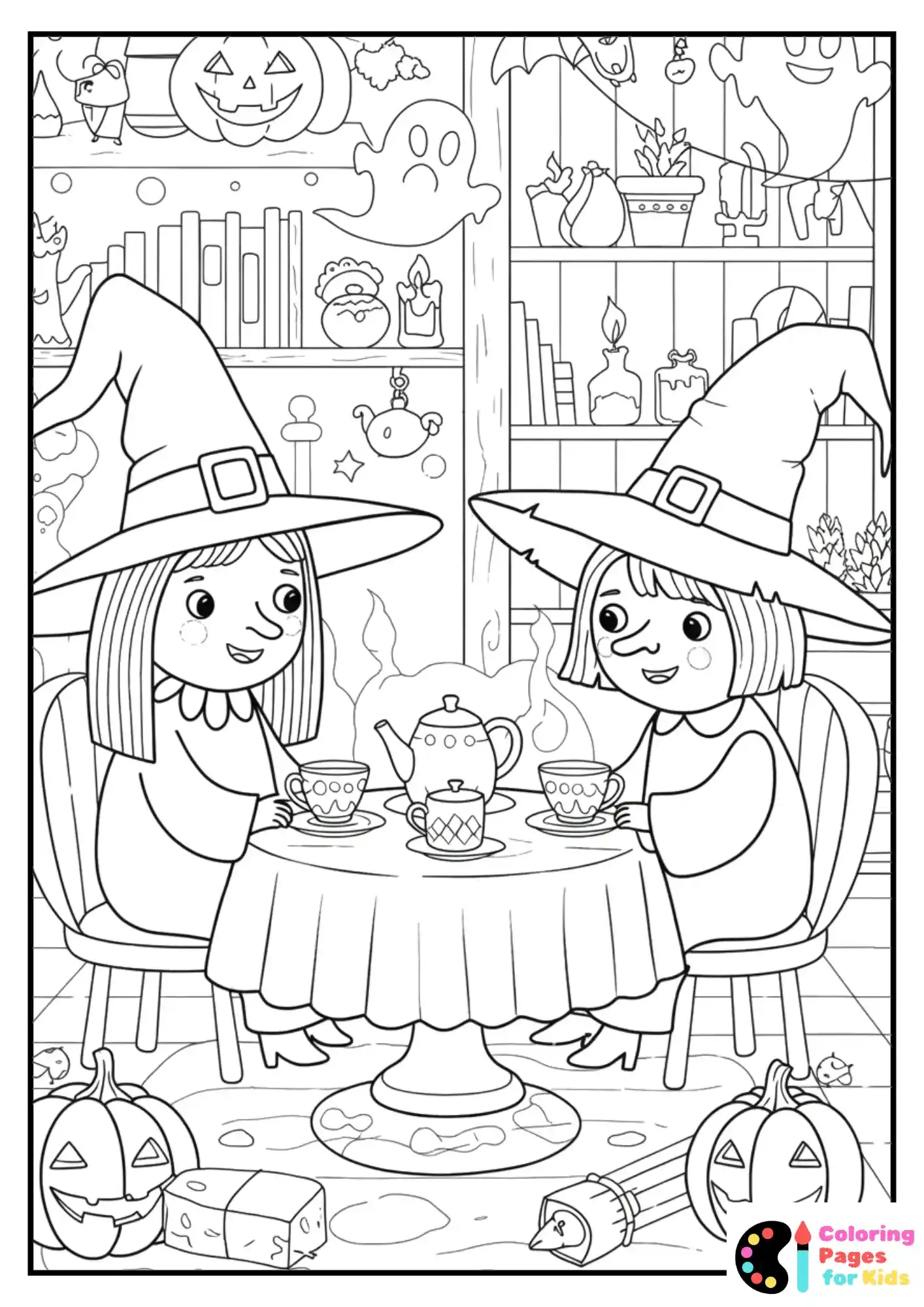 two witches having tea coloring sheet
