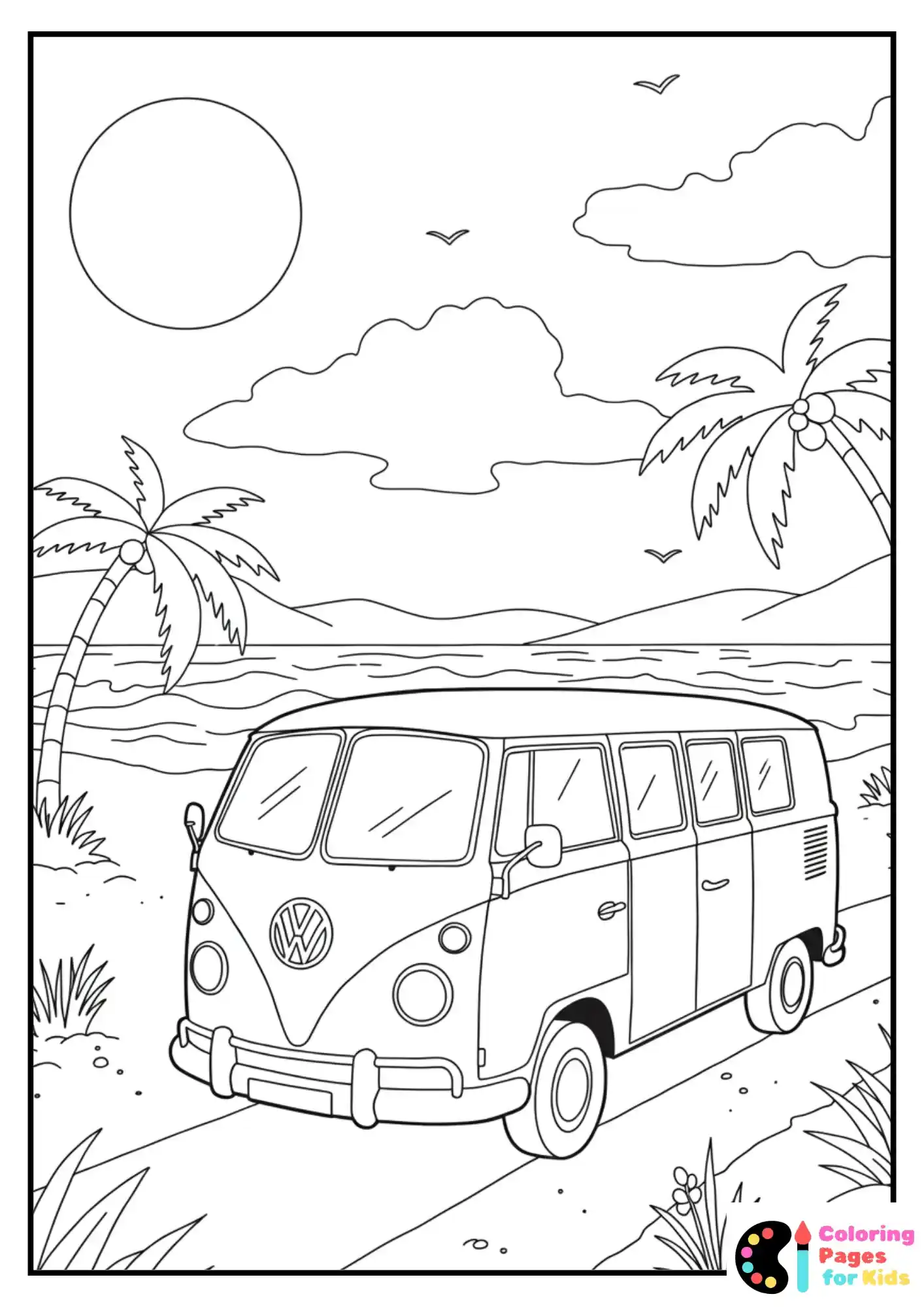 volkswagen driving on beach summer coloring page