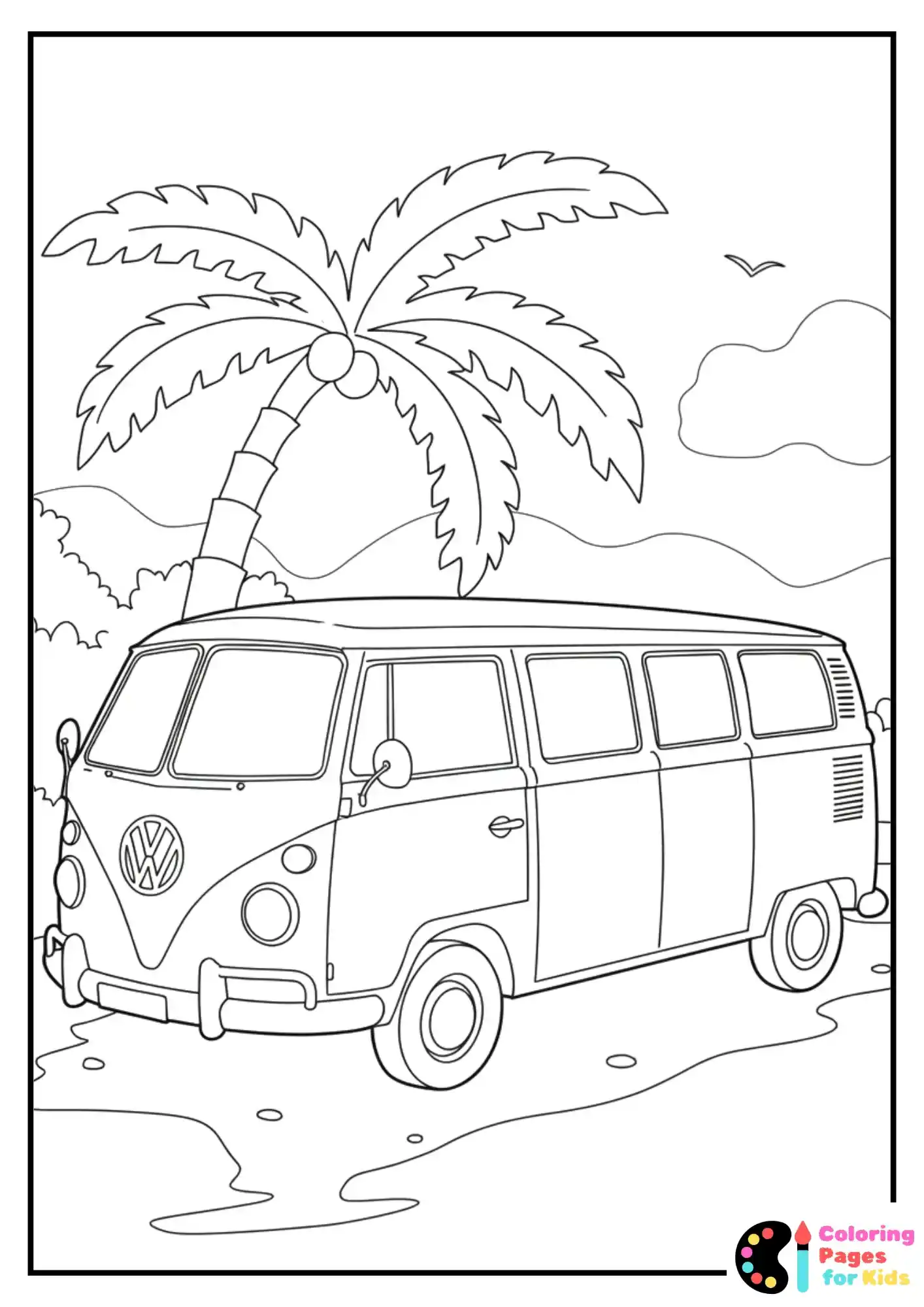volkswagen van by palm tree summer coloring sheet