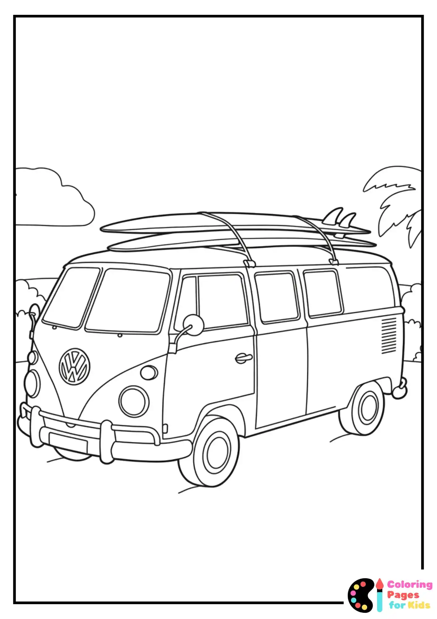 volkswagen van with surfboard coloring sheet