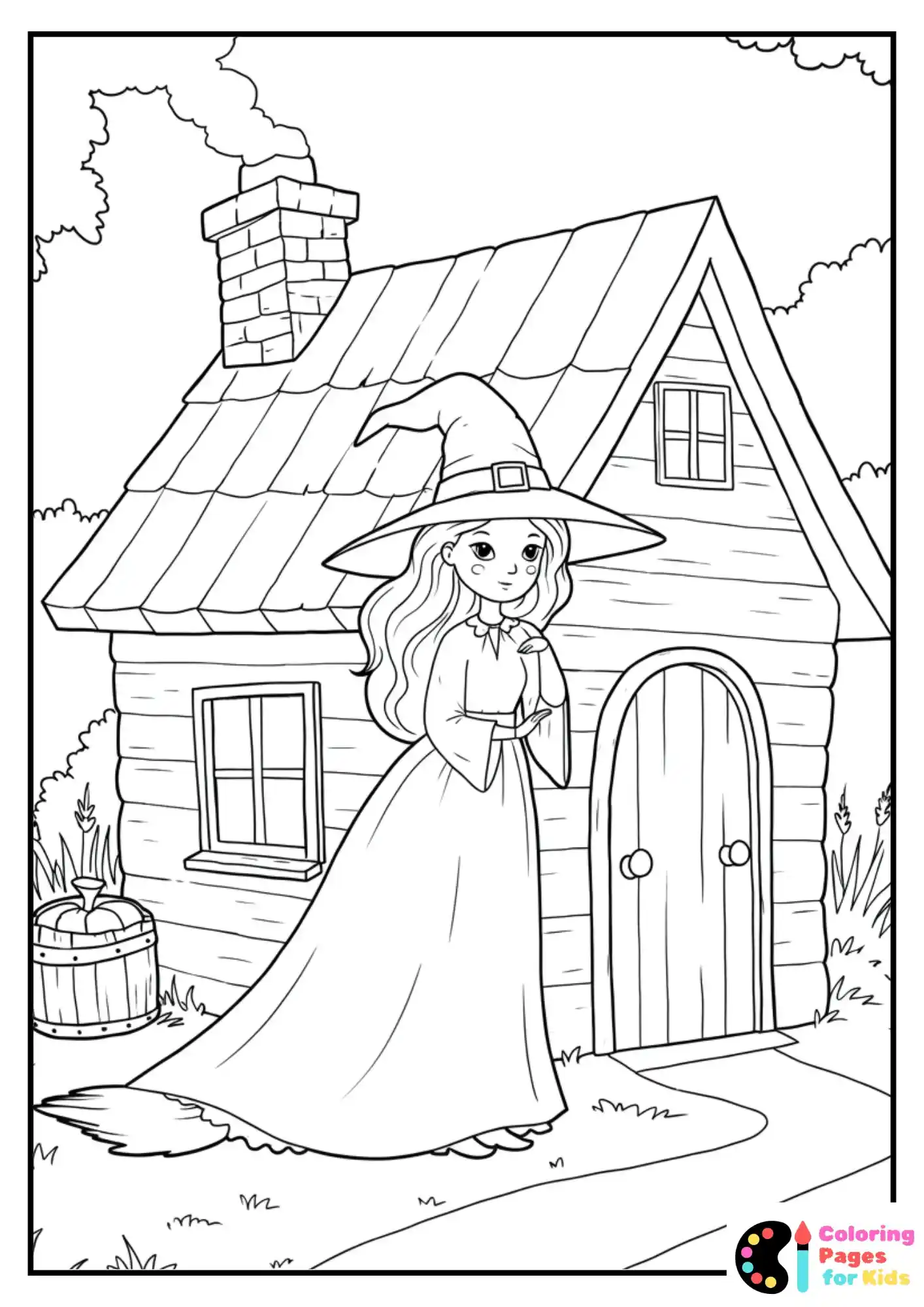 witch in cottage coloring sheet