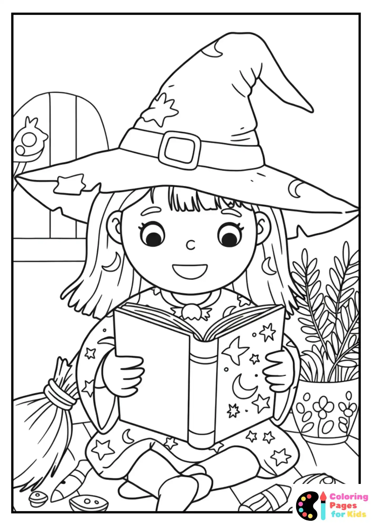 witch reading spellbook coloring page