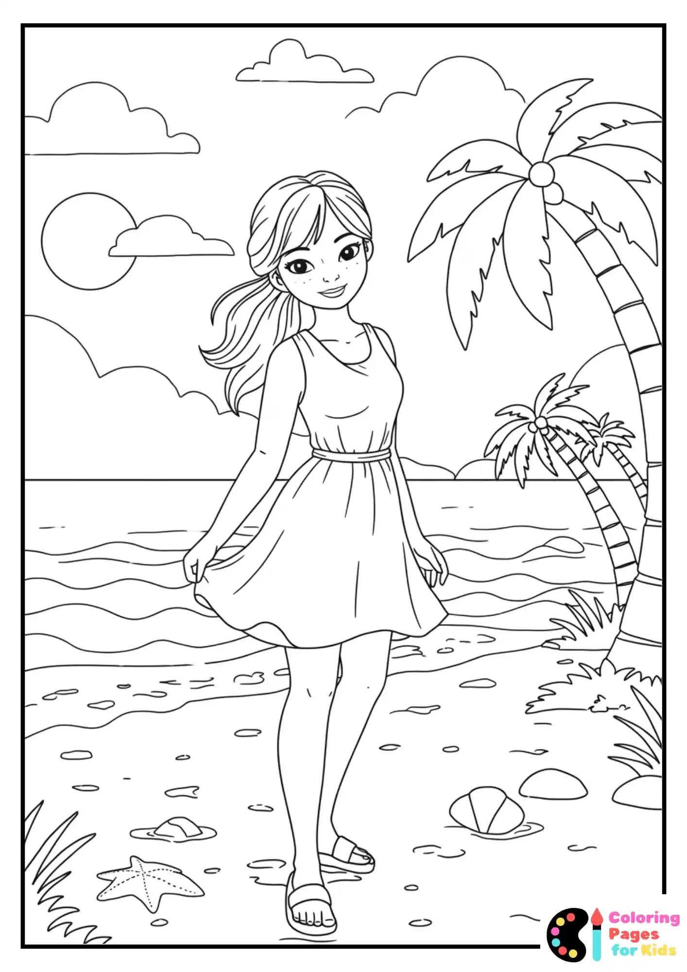 woman in summer outfit at beach coloring sheet