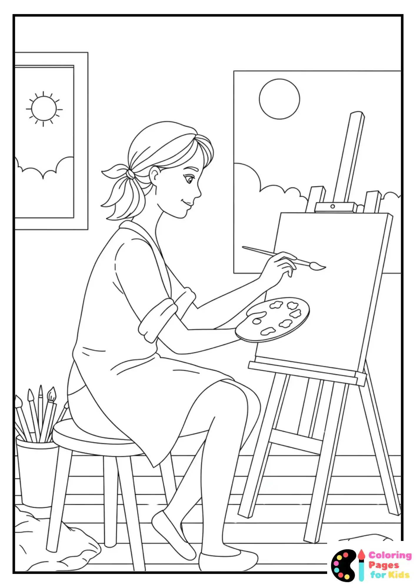 woman painting in aesthetic room coloring page