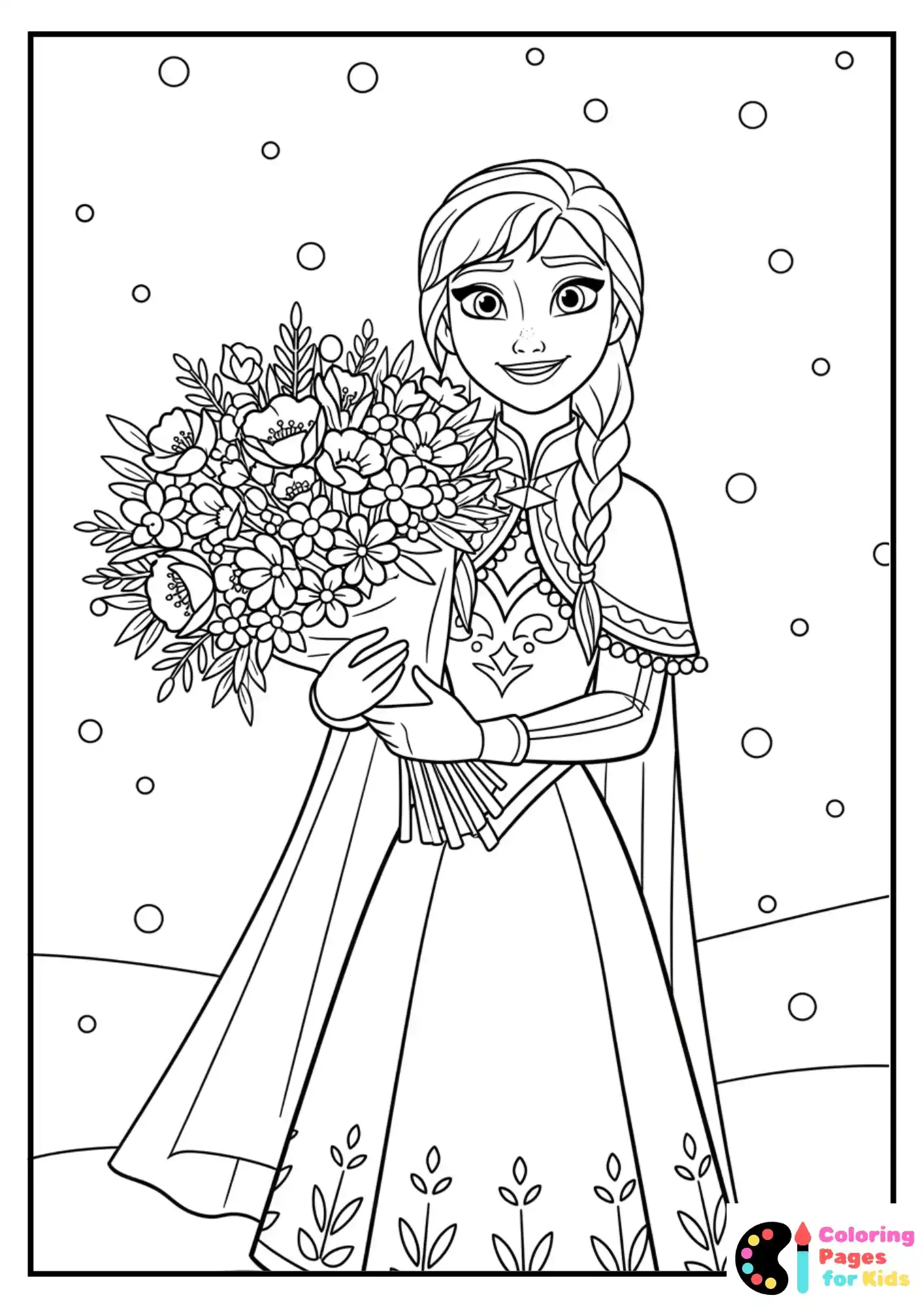 Frozen Coloring Pages for Kids (Free PDF Printable) 24 Anna Holding a Bunch of Flowers Coloring Page for Kids