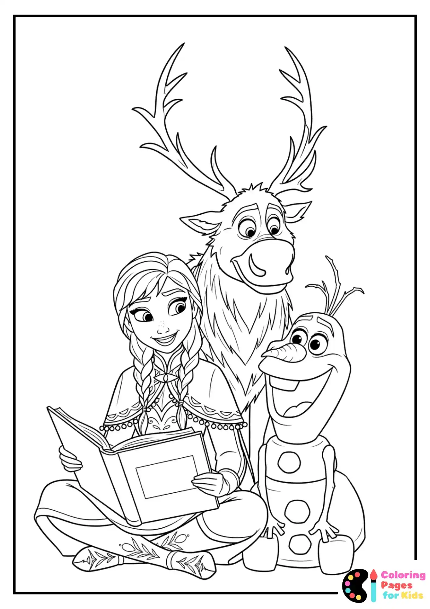 Frozen Coloring Pages for Kids (Free PDF Printable) 21 Anna Reading a Story to Olaf and Sven Coloring Page