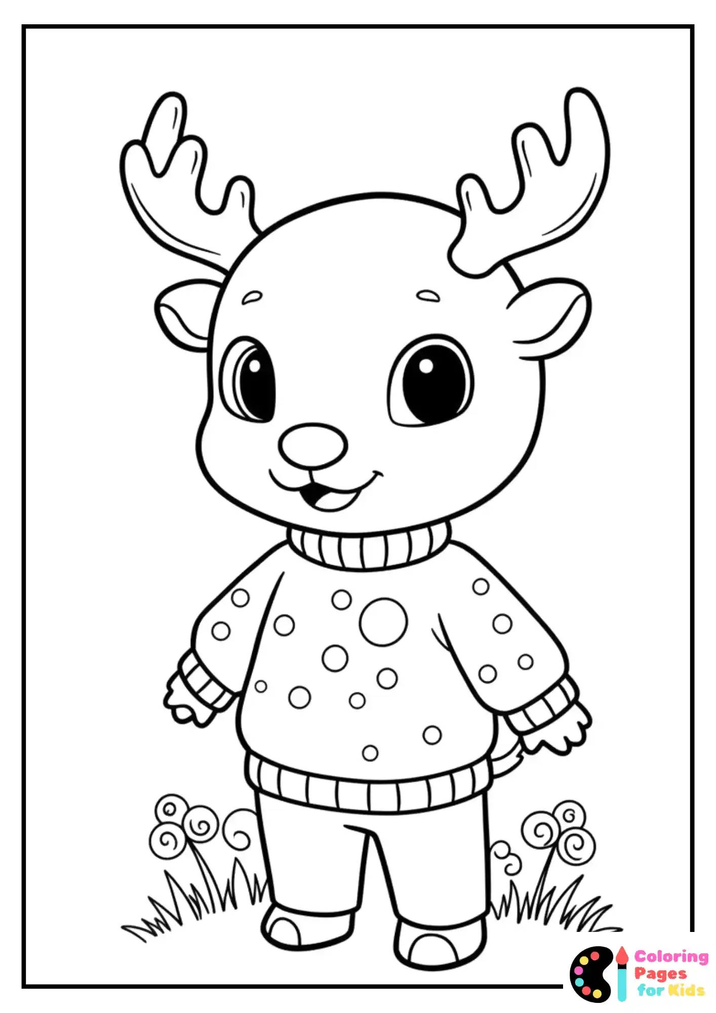 Christmas Coloring Pages for Kids (Free PDF Printable) 25 Cute Chibi Rudolph in Cozy Sweater Coloring Page