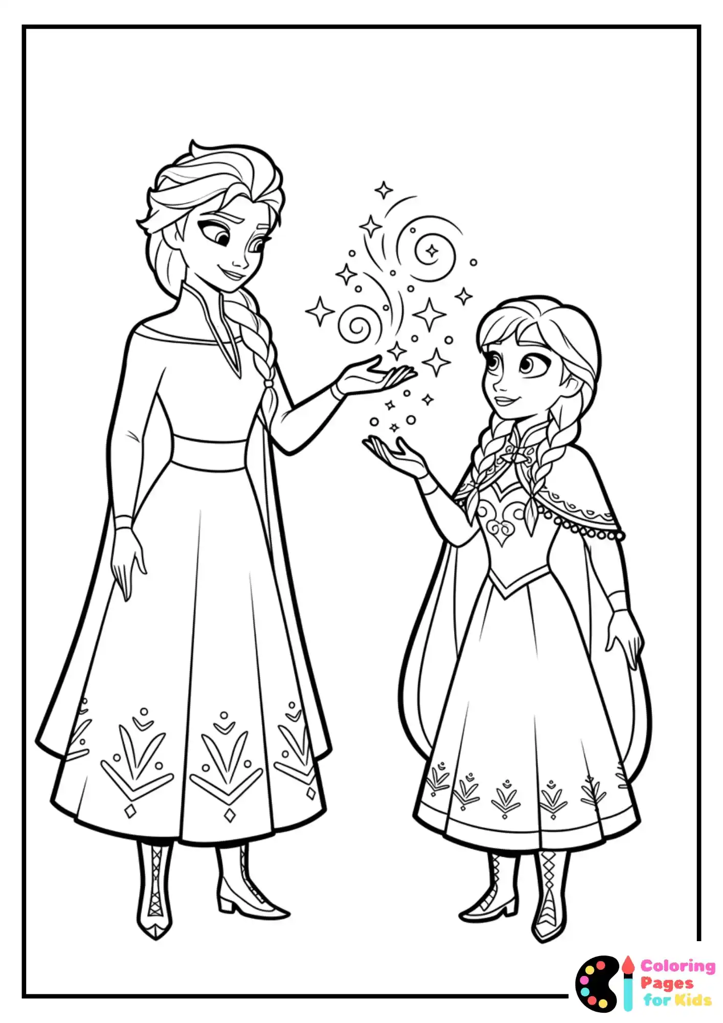 Frozen Coloring Pages for Kids (Free PDF Printable) 11 Elsa Teaching Anna Magic Sparkles Coloring Sheet