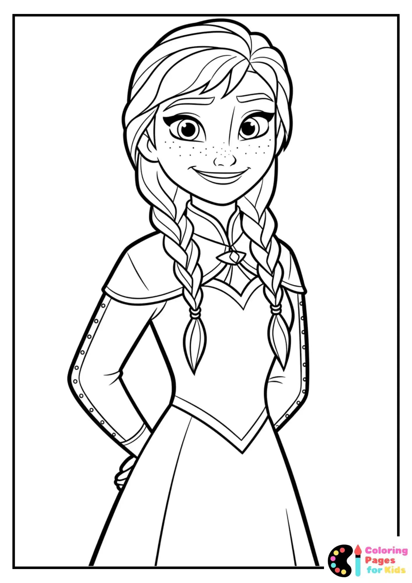Frozen Coloring Pages for Kids (Free PDF Printable) 3 Smiling Anna Standing with Hands Behind Her Back Coloring Sheet