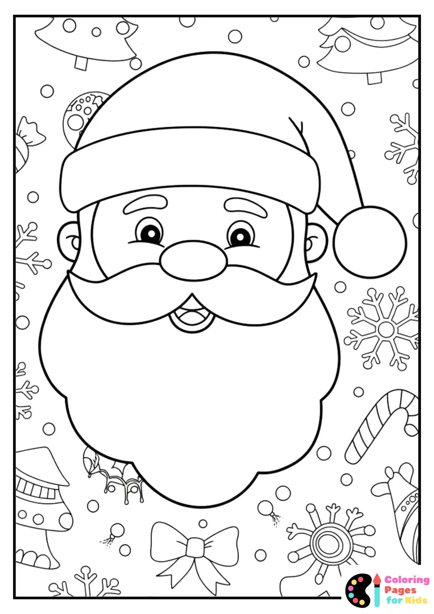 Christmas Coloring Pages for Kids (Free PDF Printable) 6 Smiling Santa with Holiday Mandala Background