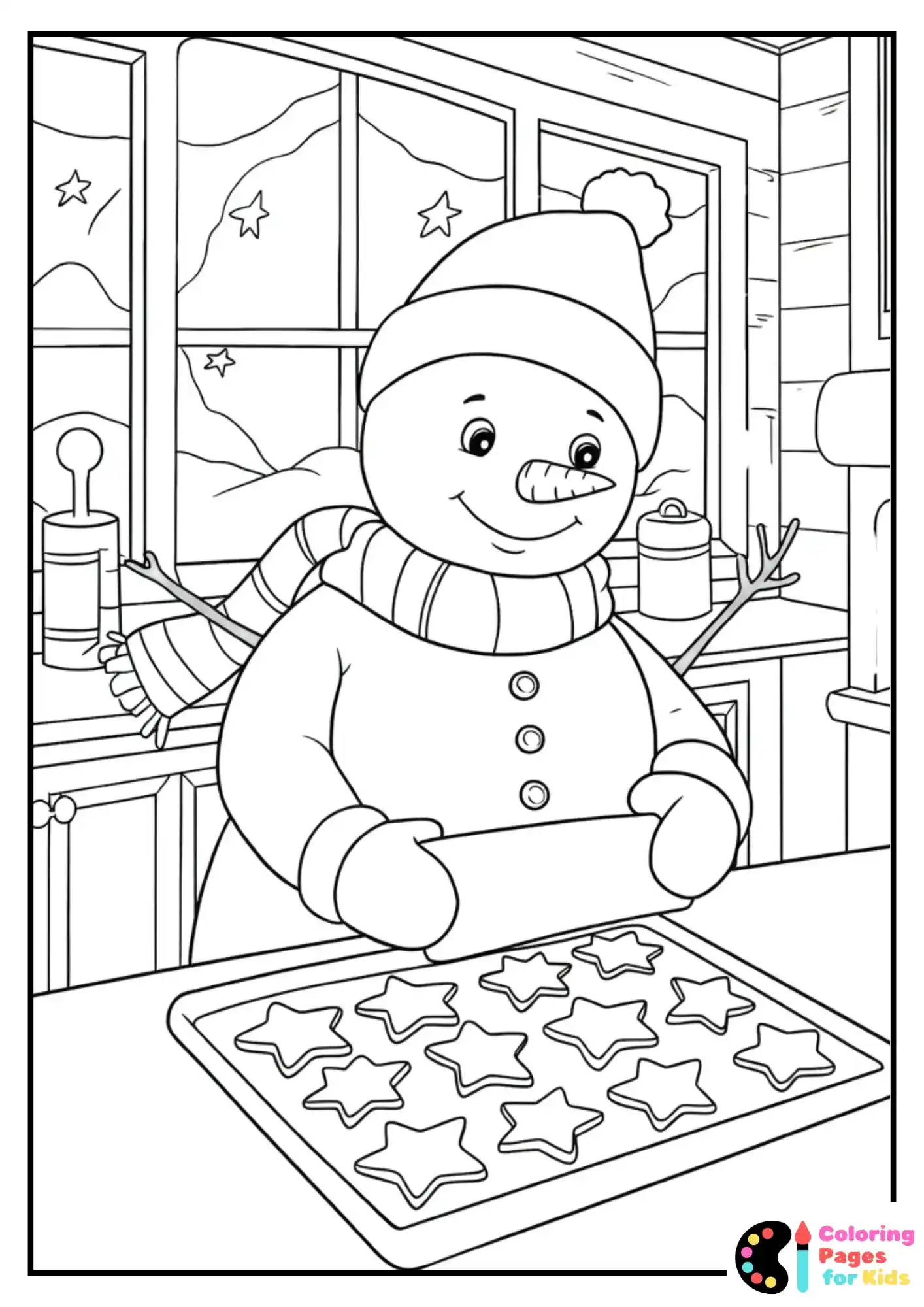 Christmas Coloring Pages for Kids (Free PDF Printable) 4 Snowman Baking Cookies in a Warm Winter Kitchen