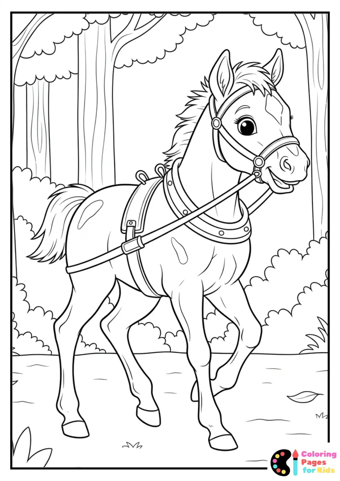baby horse trotting in forest coloring page