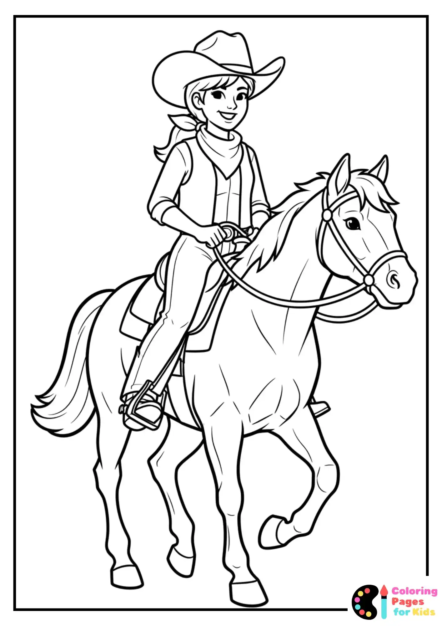 cowgirl riding horse coloring sheet