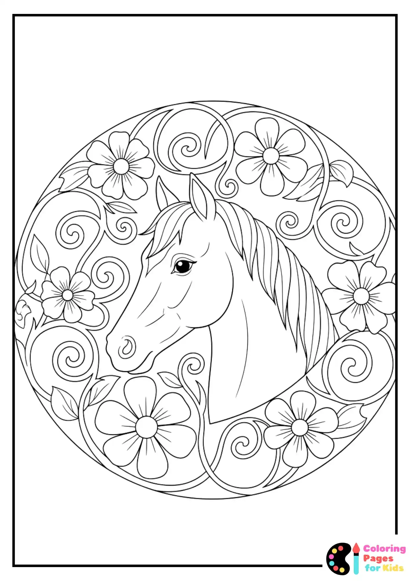 horse and flowers mandala coloring sheet