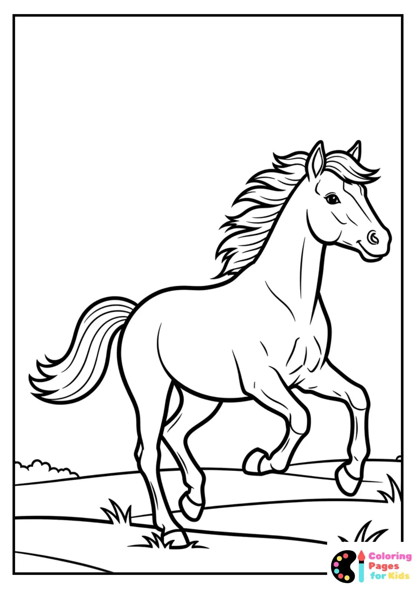 horse galloping in field coloring page