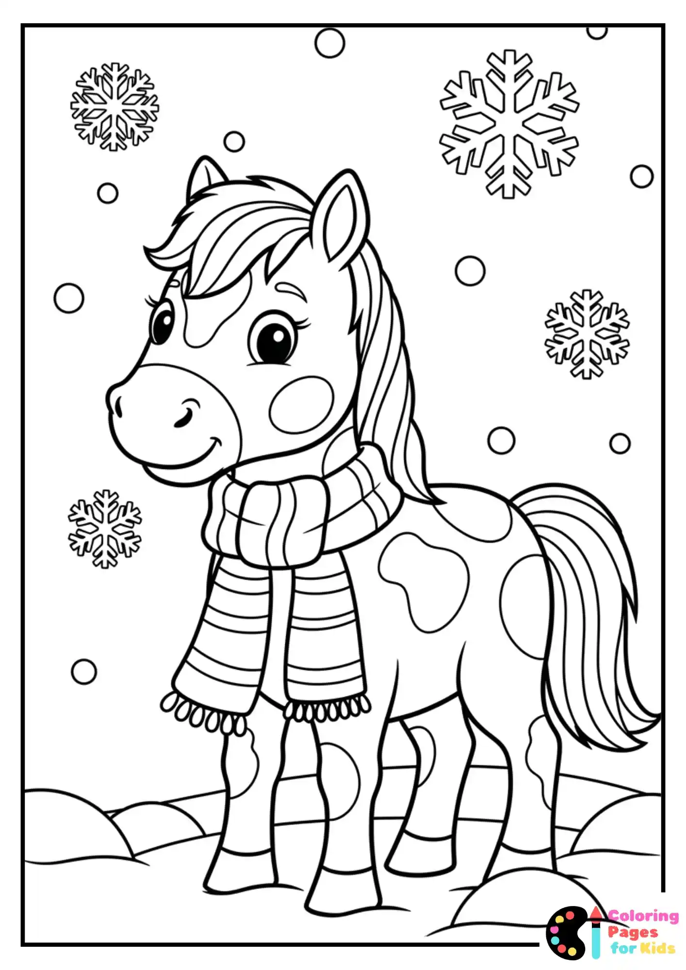 horse with spots in snow coloring page