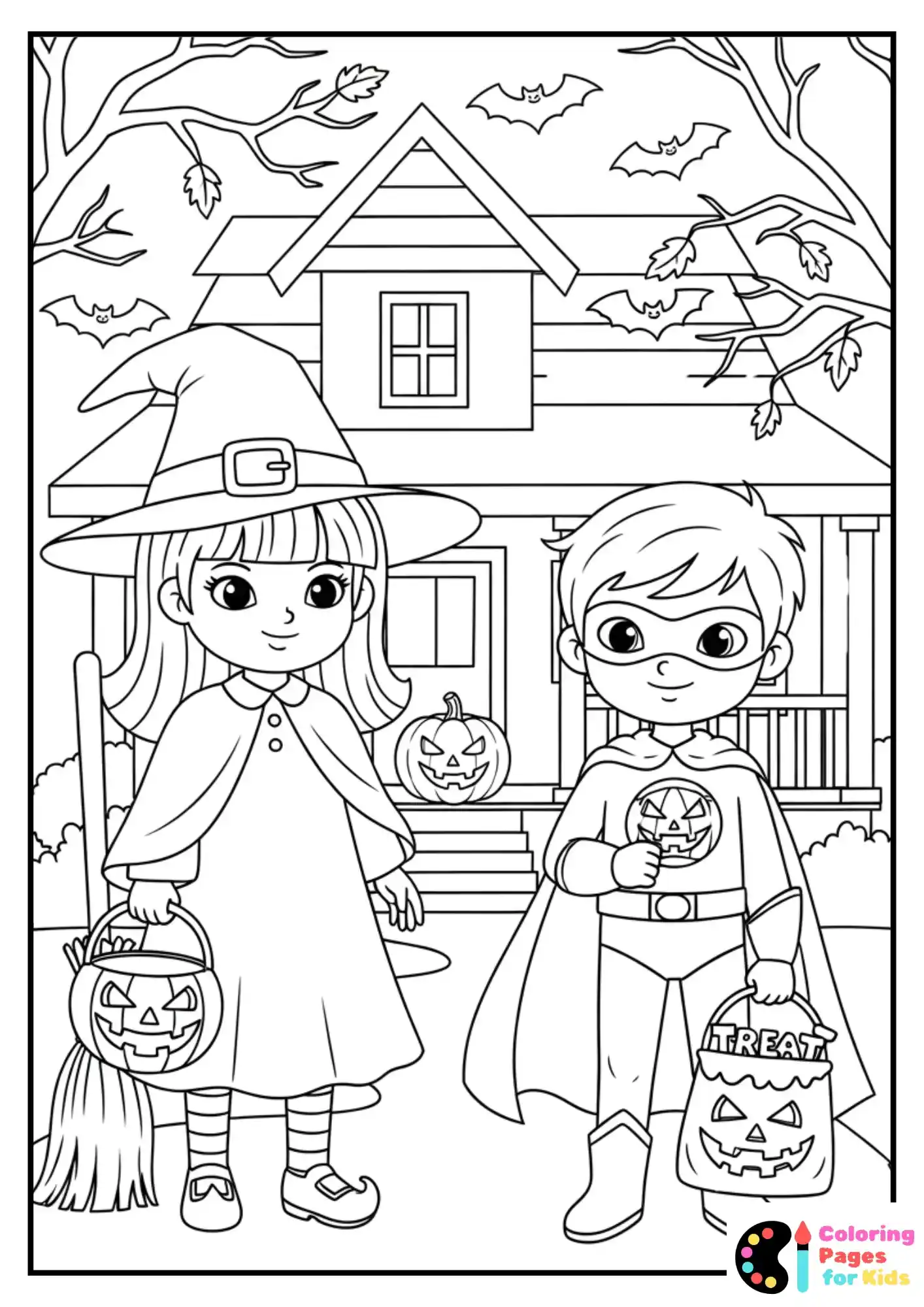 kids trick or treating fall coloring page