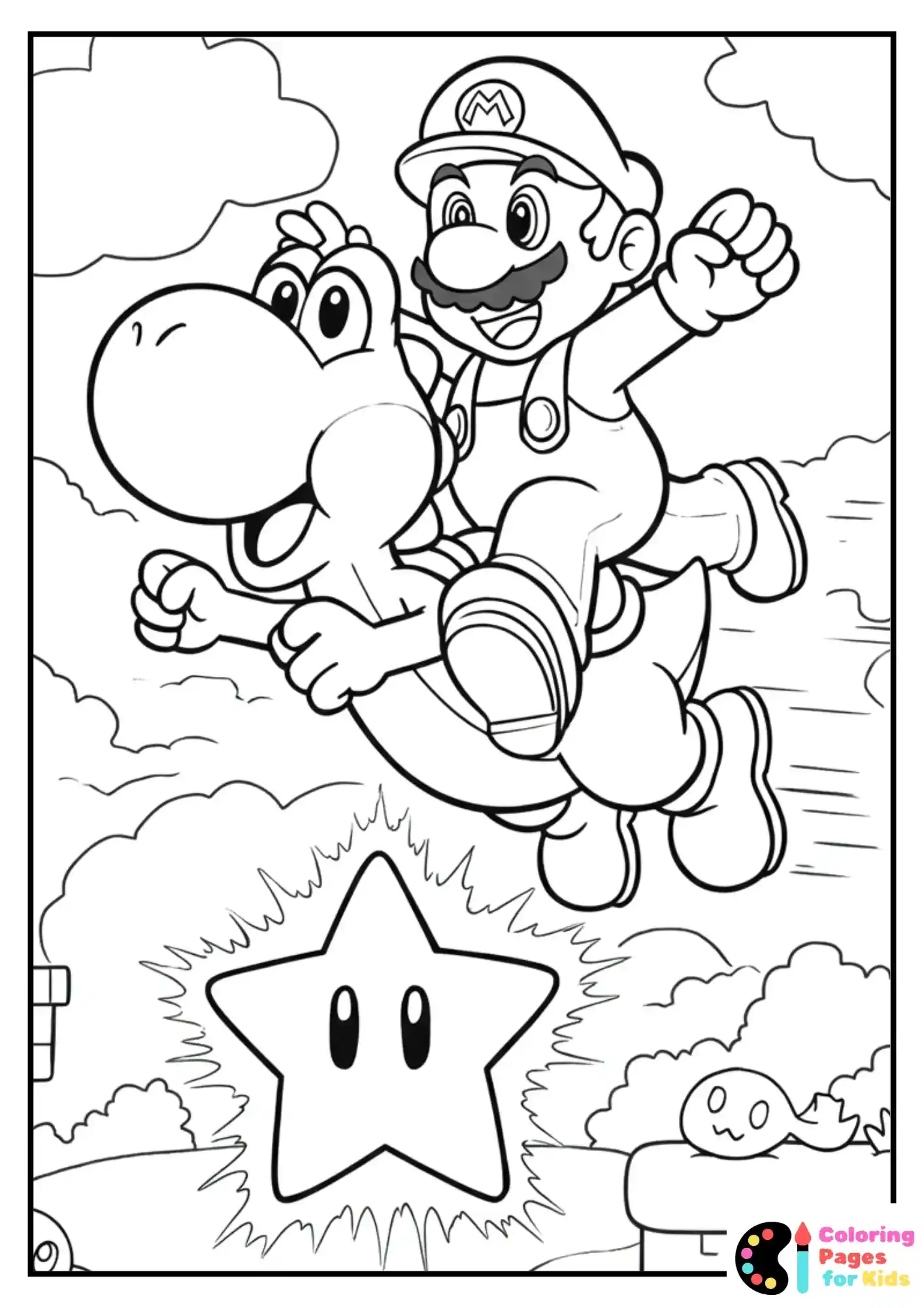 mario flying on yoshi with star coloring page