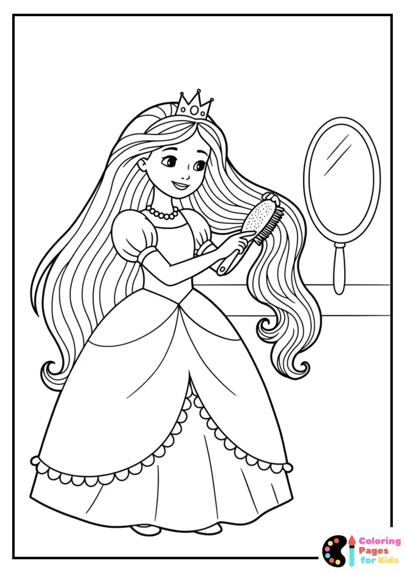 princess brushing hair coloring page
