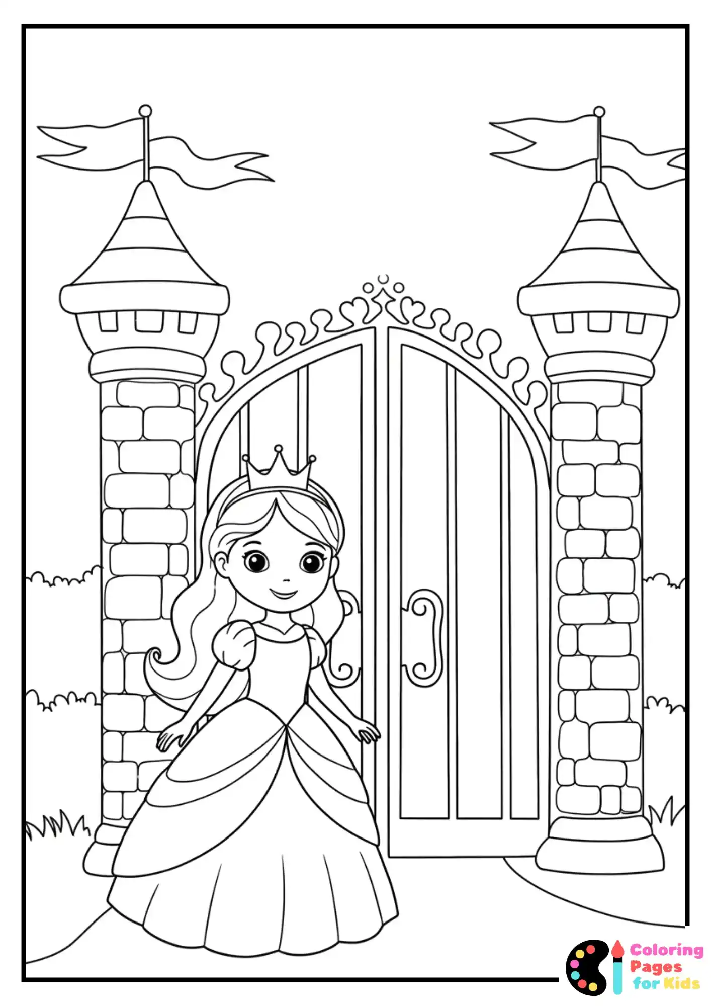 princess by castle gates coloring page