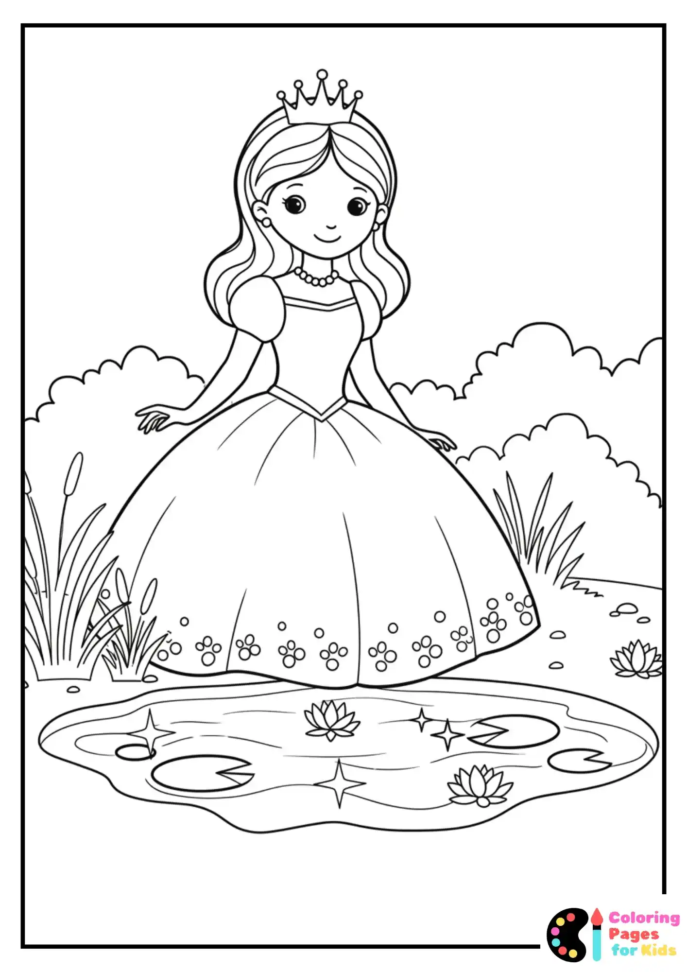princess by sparkling pond coloring sheet
