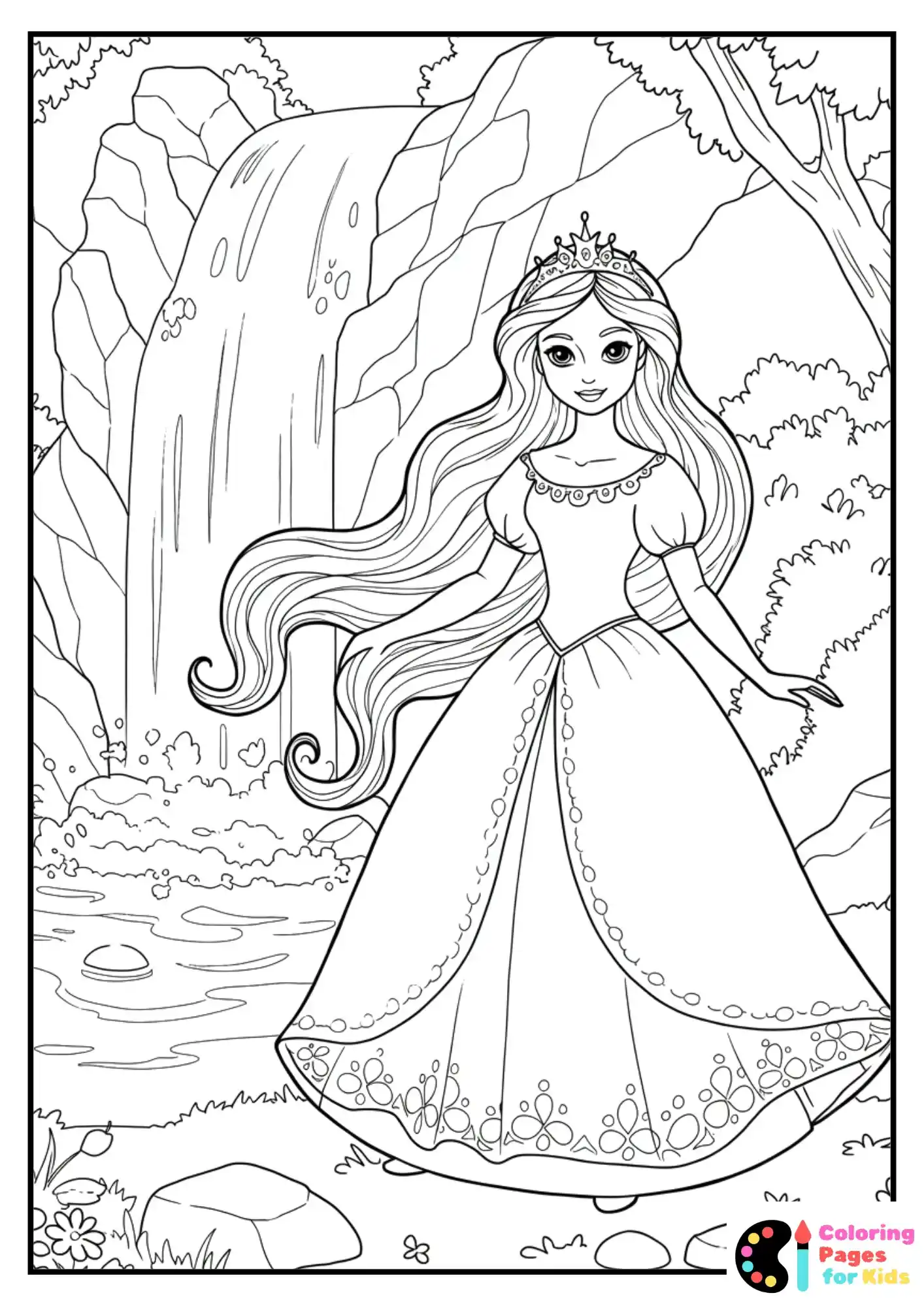princess by waterfall coloring page