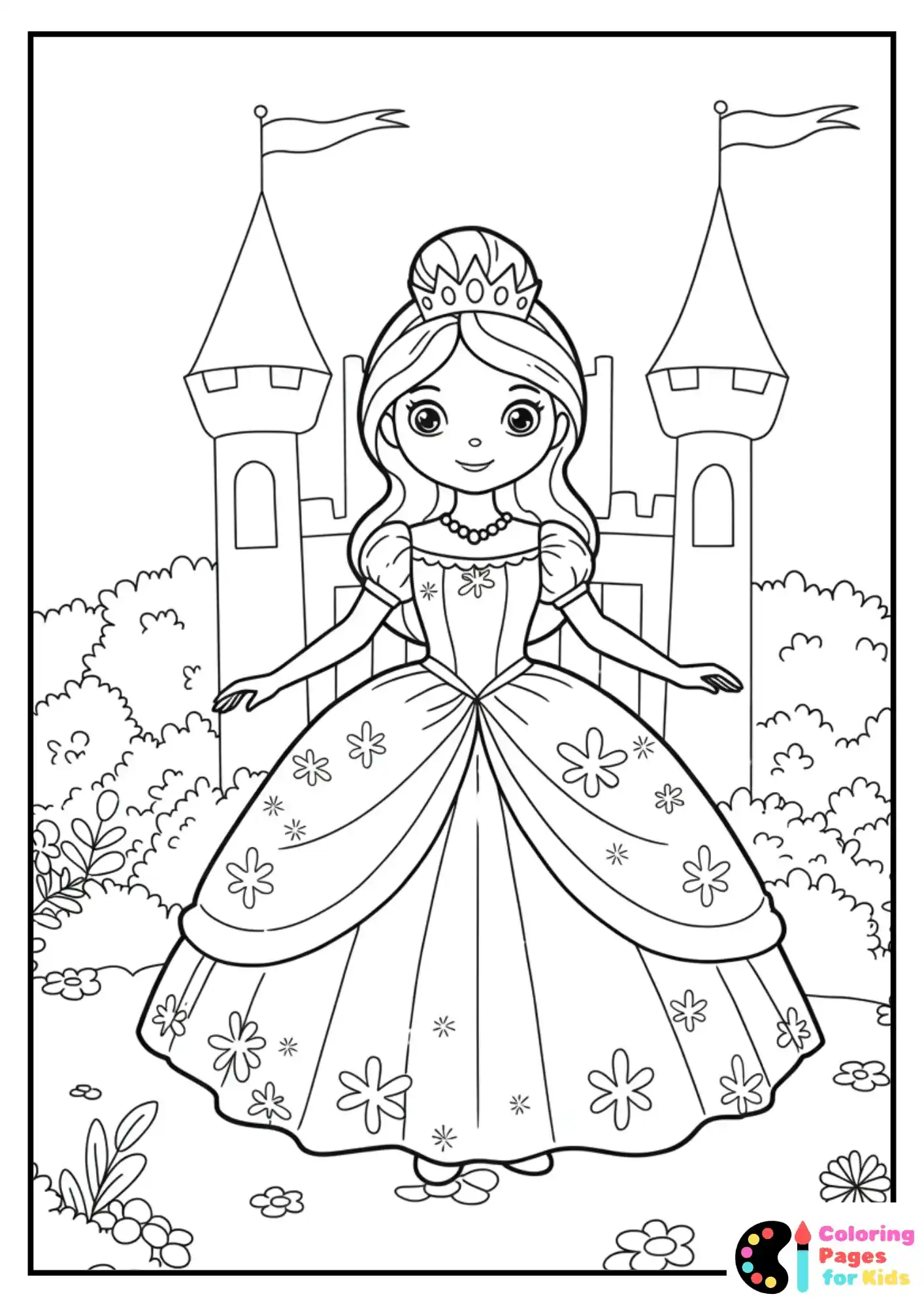 princess in castle garden coloring page