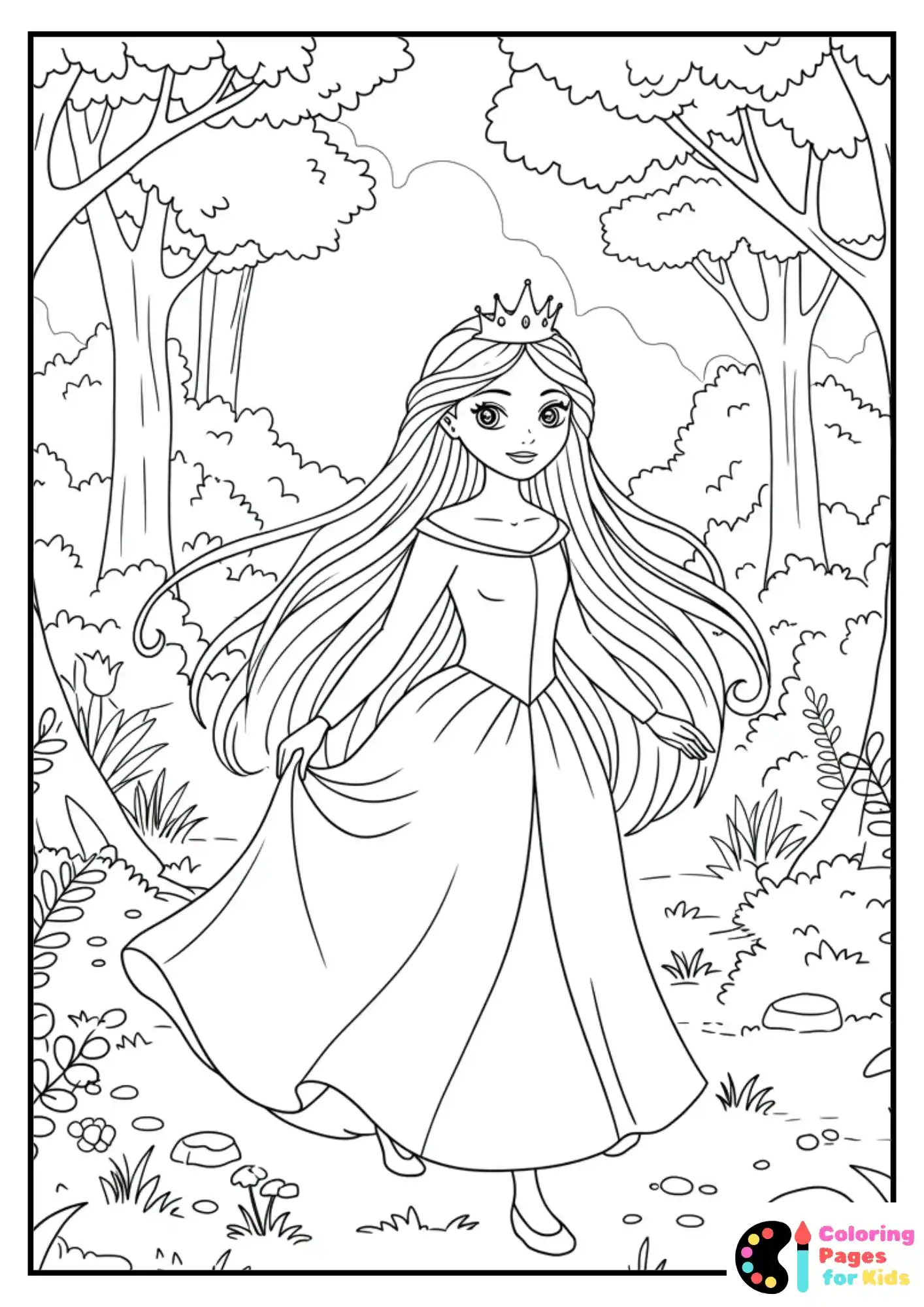 princess in enchanted forest coloring page