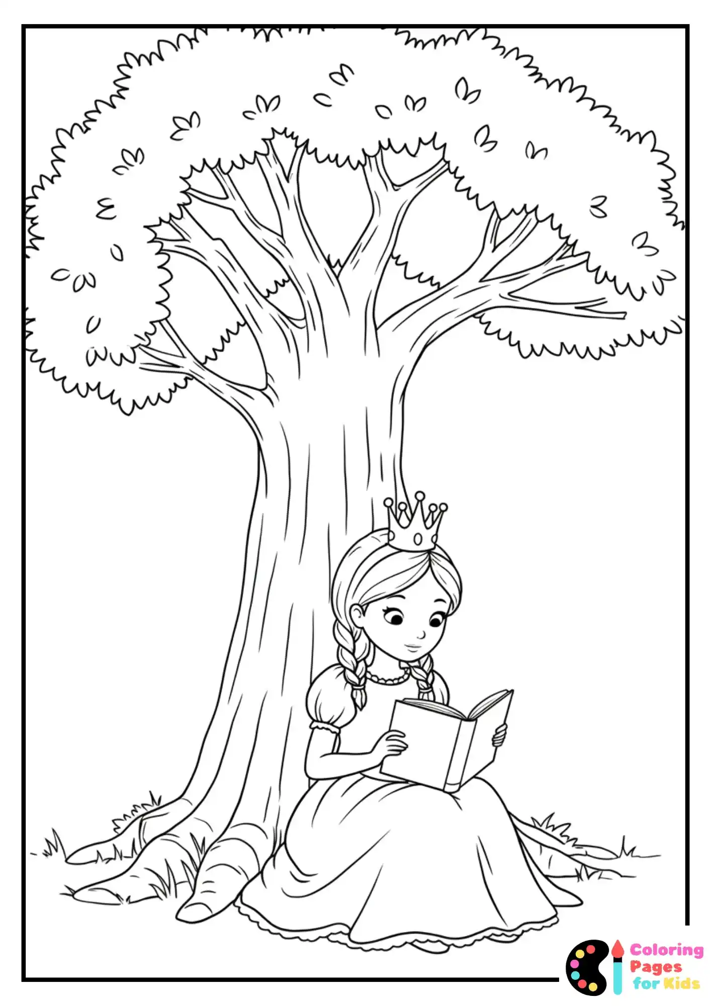 princess reading under tree coloring page