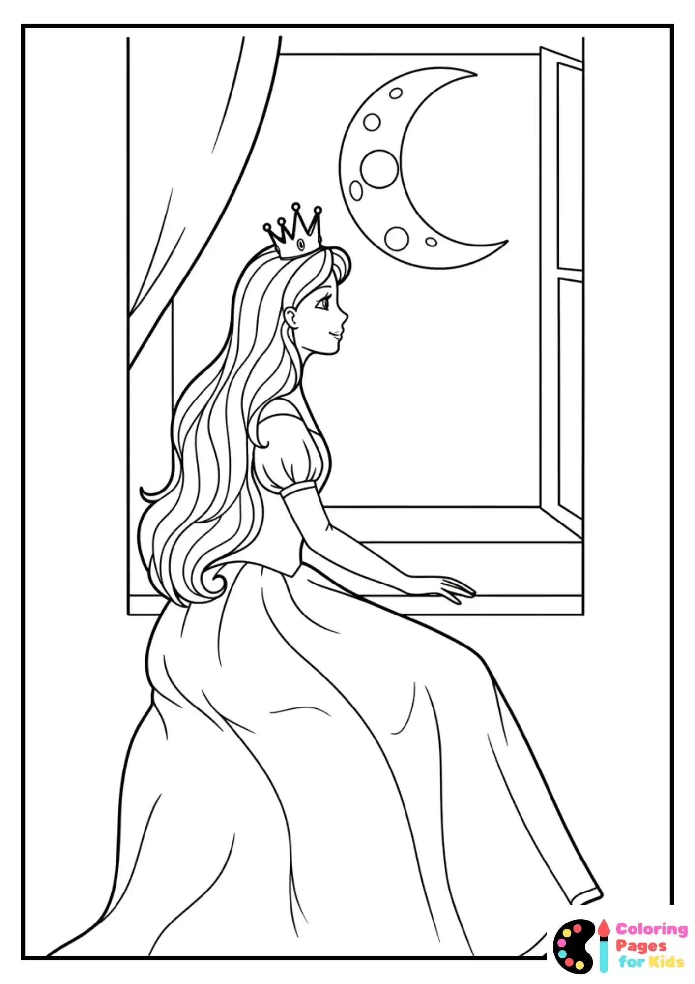 princess watching moon coloring sheet
